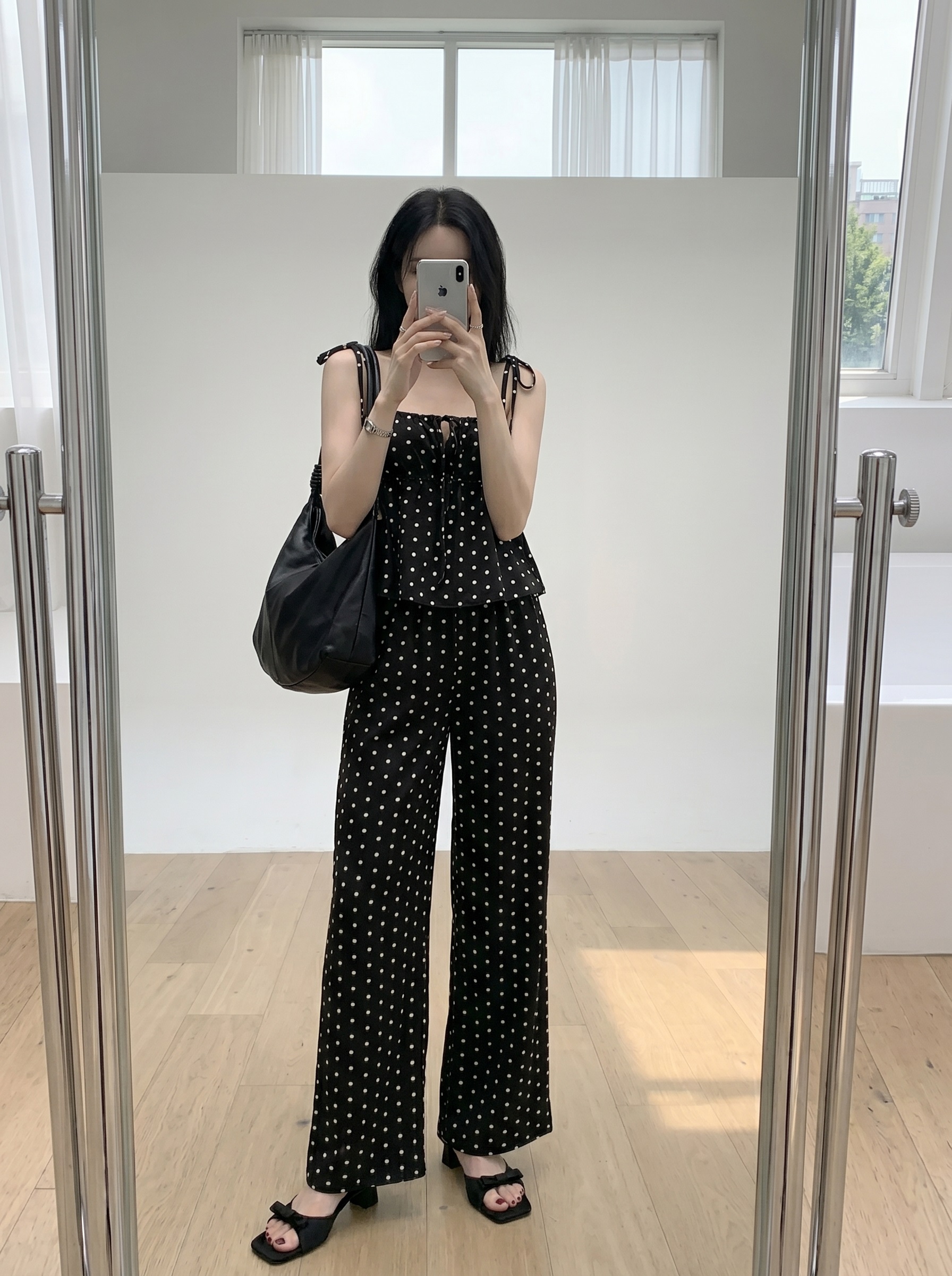 ストラップポケットウエストゴムギャザーフレアワイドリボンドット無地セットアップ2TYPE | 詳細画像12