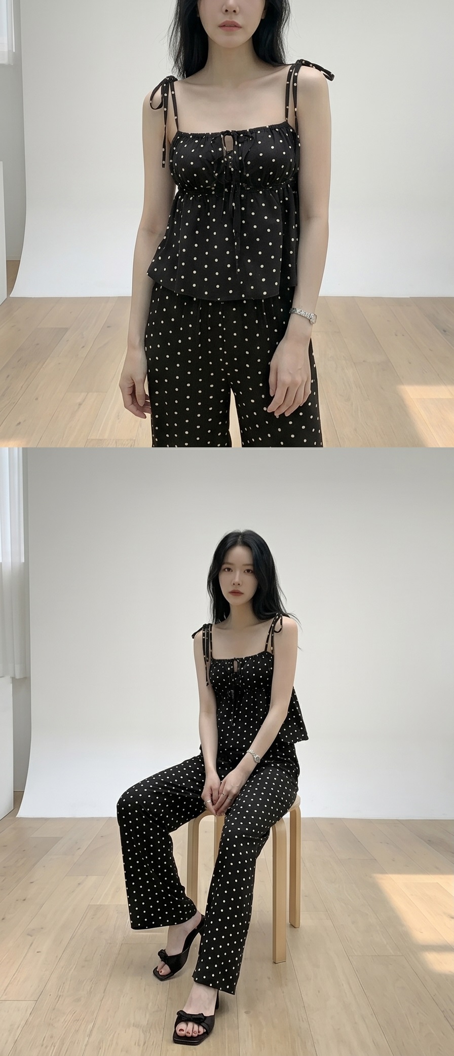 ストラップポケットウエストゴムギャザーフレアワイドリボンドット無地セットアップ2TYPE | 詳細画像13