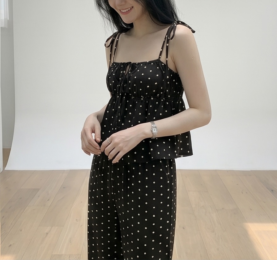 ストラップポケットウエストゴムギャザーフレアワイドリボンドット無地セットアップ2TYPE | 詳細画像14