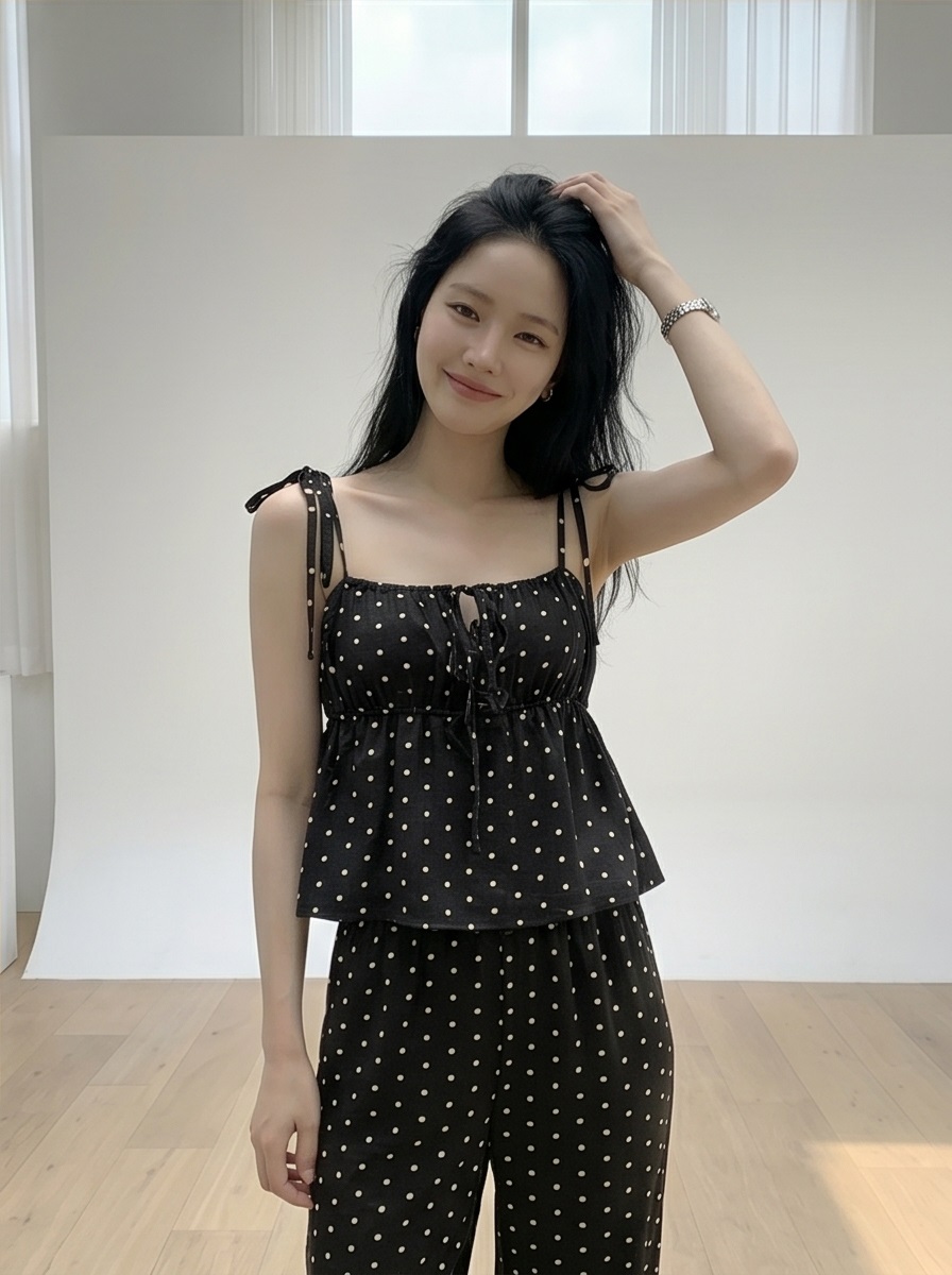 ストラップポケットウエストゴムギャザーフレアワイドリボンドット無地セットアップ2TYPE | 詳細画像15