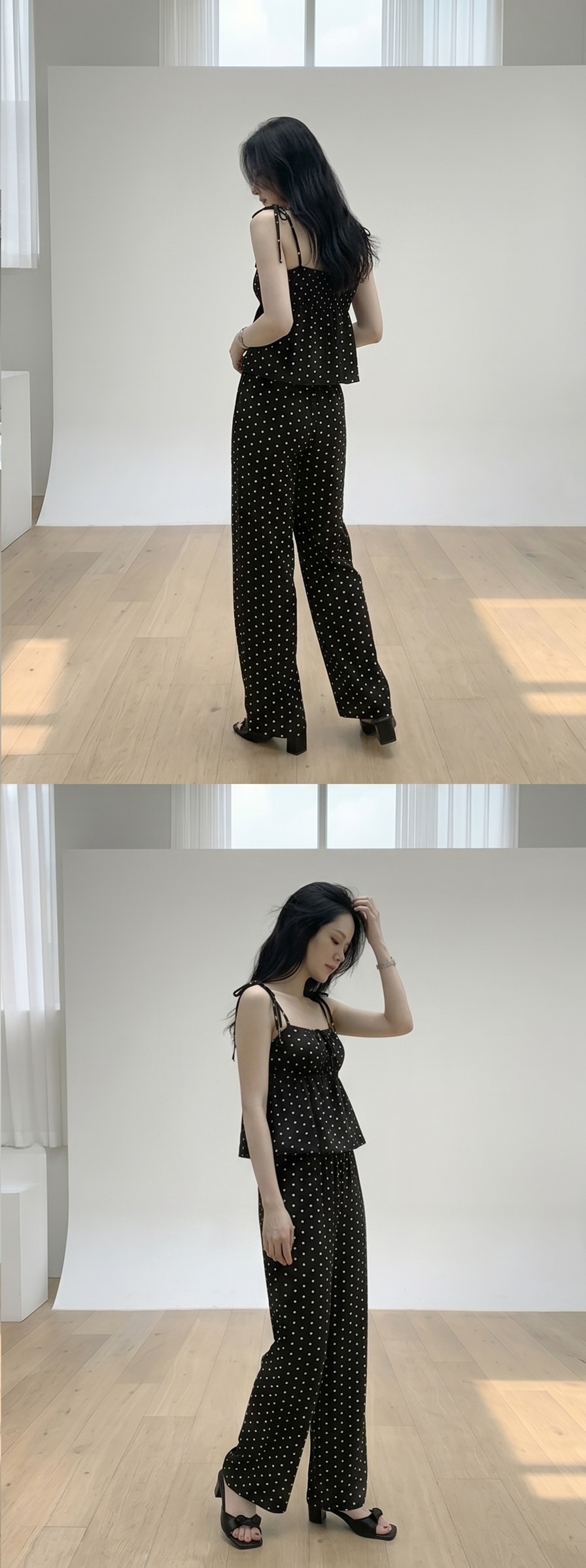 ストラップポケットウエストゴムギャザーフレアワイドリボンドット無地セットアップ2TYPE | 詳細画像16