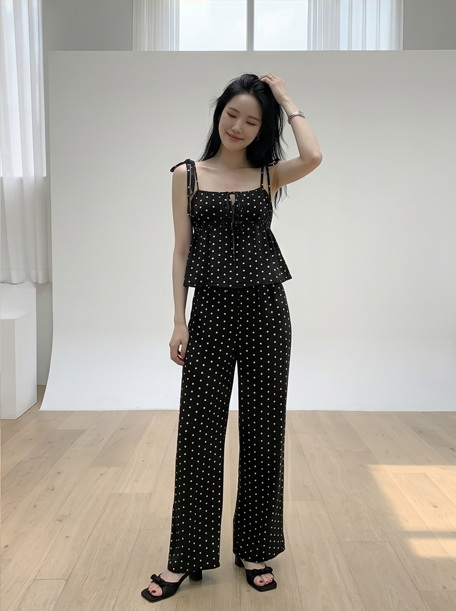 ストラップポケットウエストゴムギャザーフレアワイドリボンドット無地セットアップ2TYPE | 詳細画像17