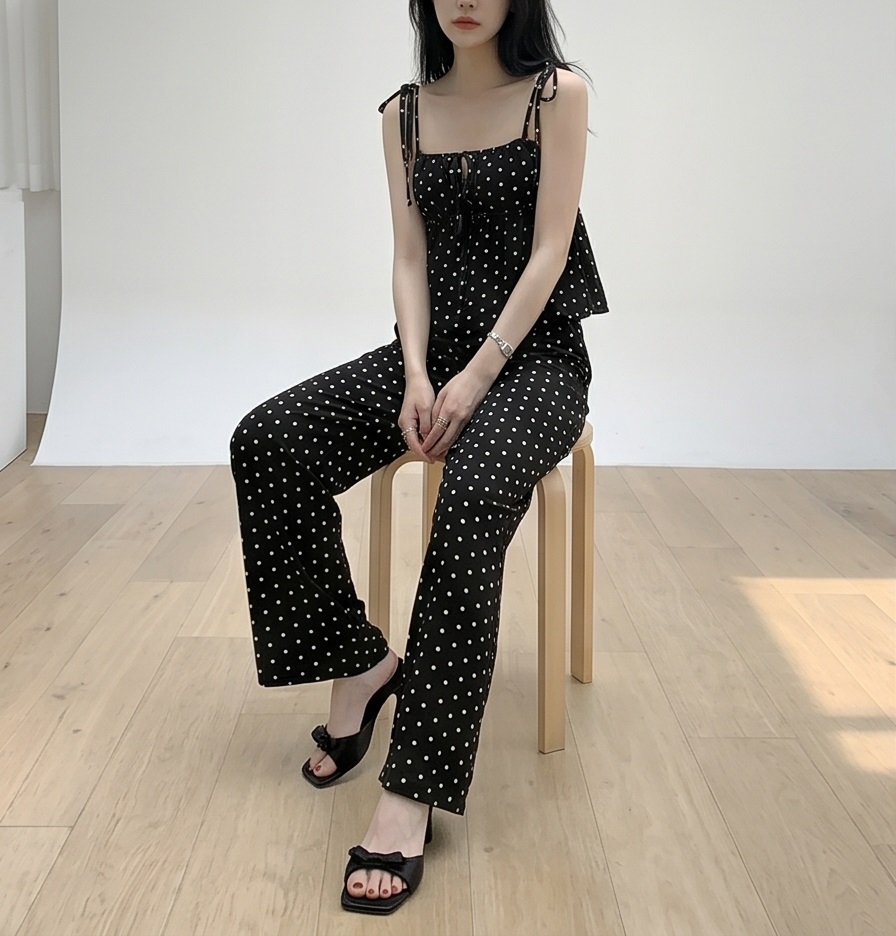 ストラップポケットウエストゴムギャザーフレアワイドリボンドット無地セットアップ2TYPE | 詳細画像18