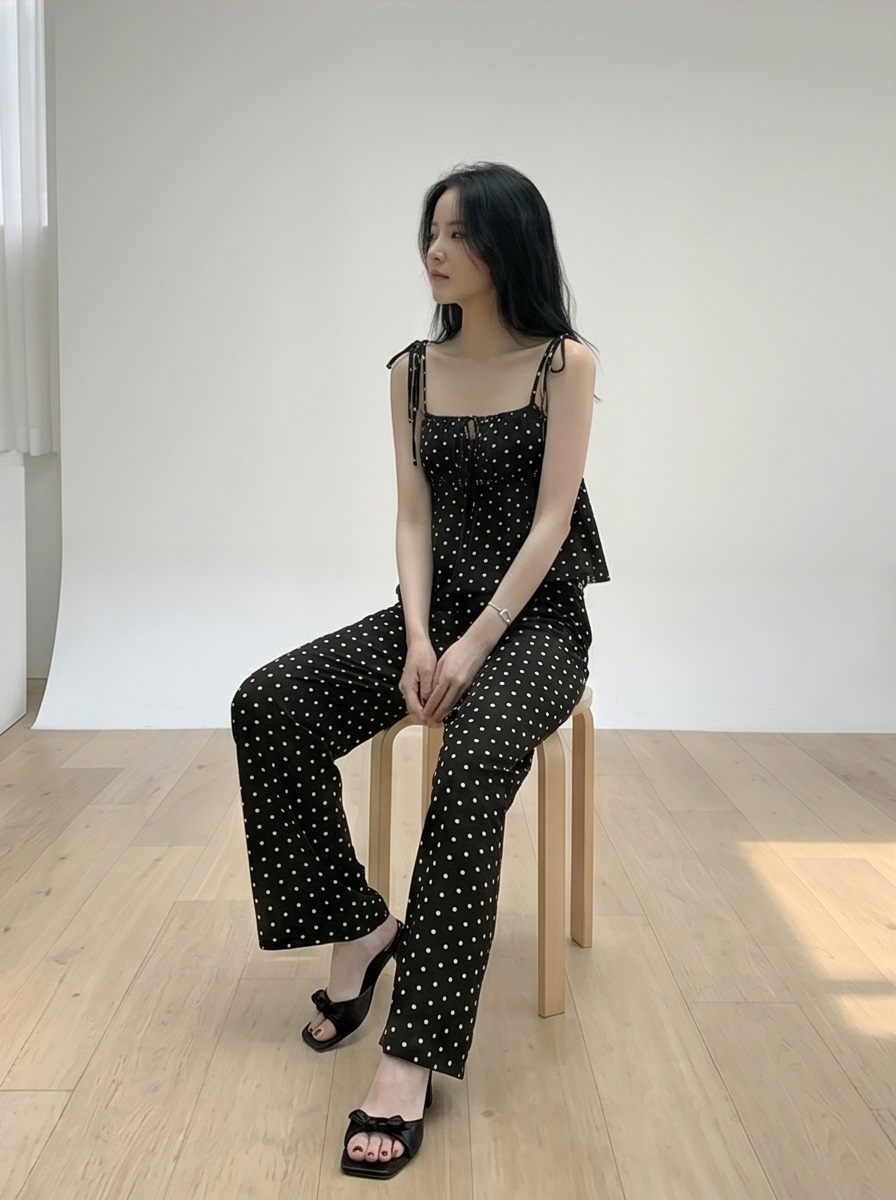 ストラップポケットウエストゴムギャザーフレアワイドリボンドット無地セットアップ2TYPE | 詳細画像19