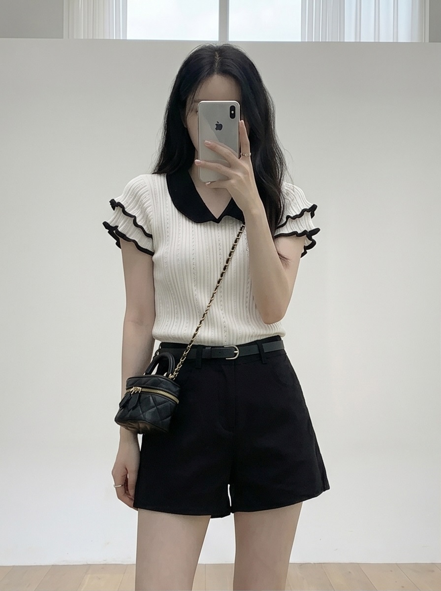 リブカラーフリル半袖配色ニット | 詳細画像4