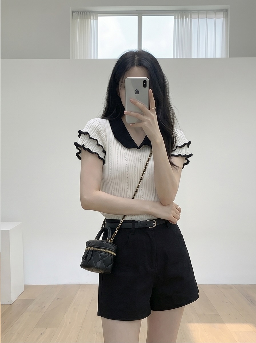 リブカラーフリル半袖配色ニット | 詳細画像9