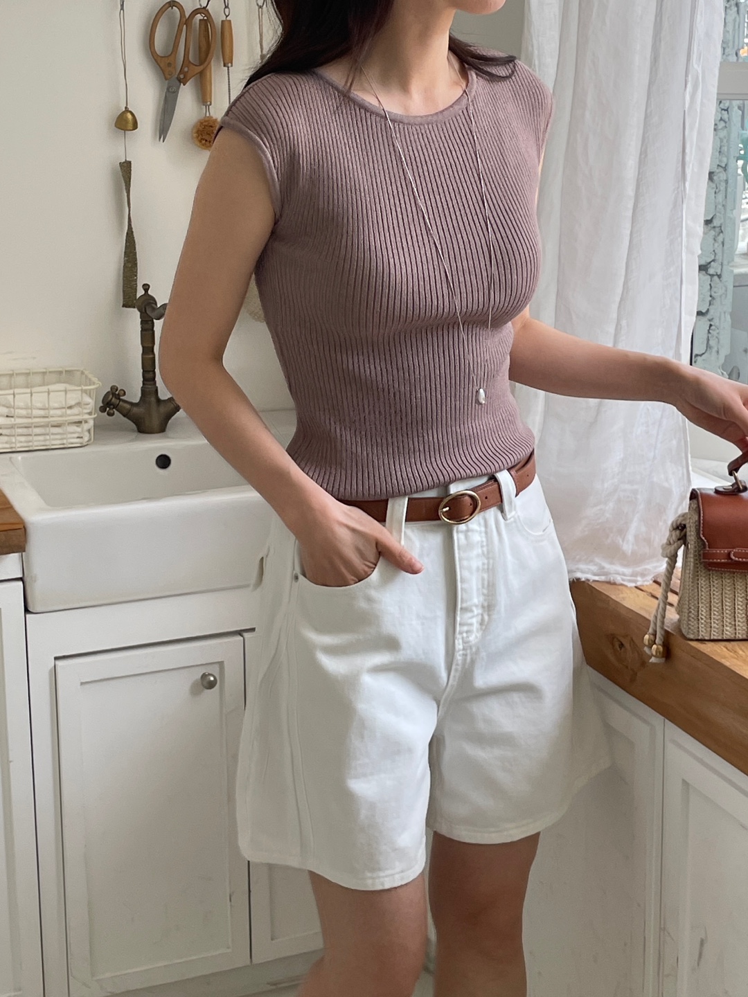 リブクールラウンドネックフレンチスリーブニット | 詳細画像6