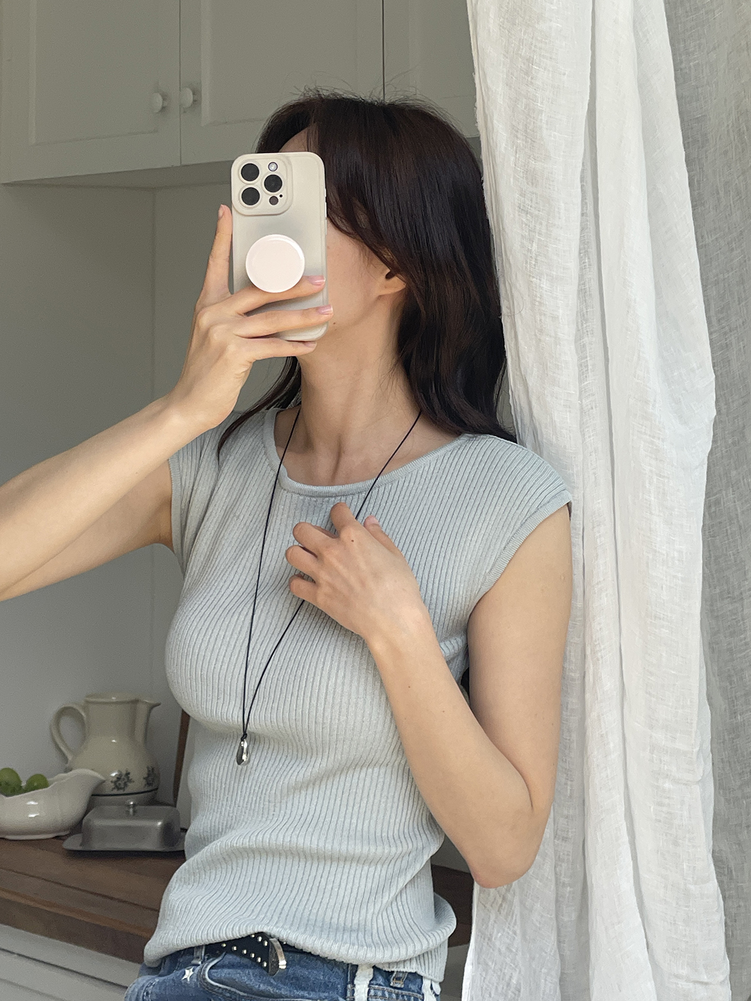 リブクールラウンドネックフレンチスリーブニット | 詳細画像2