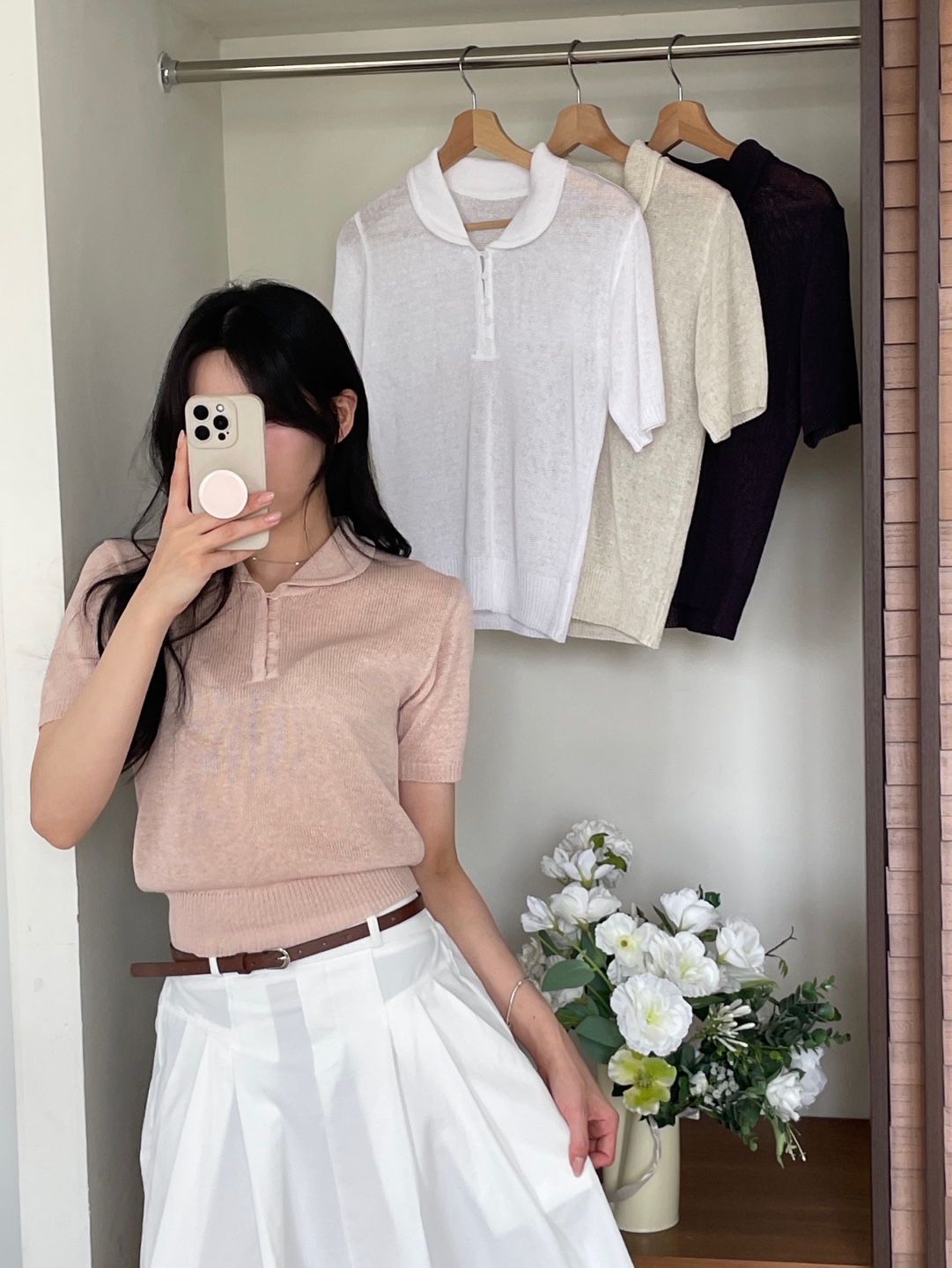 リネン混ボタンカラー半袖ニット | 詳細画像2