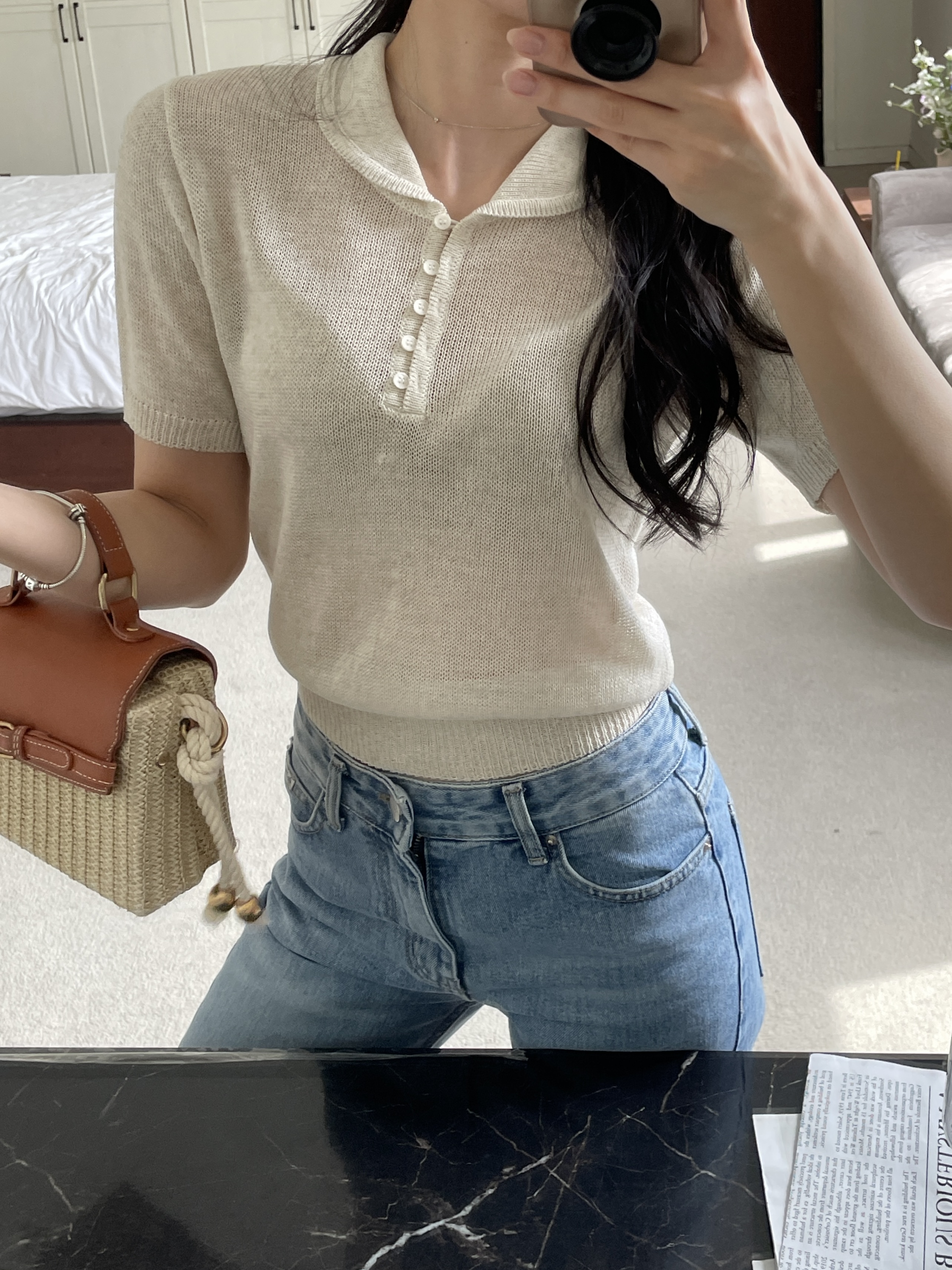 リネン混ボタンカラー半袖ニット | 詳細画像13