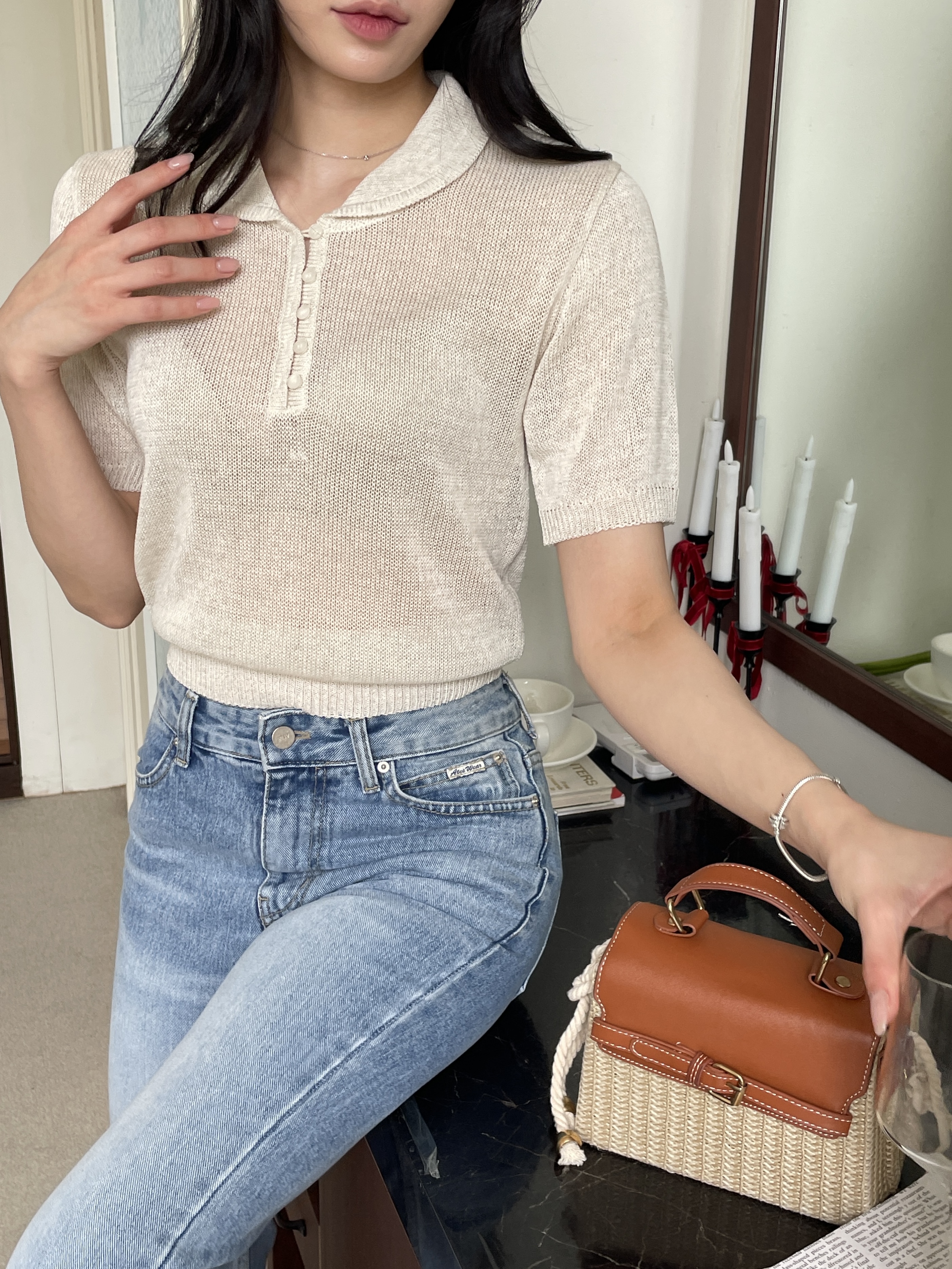 リネン混ボタンカラー半袖ニット | 詳細画像12