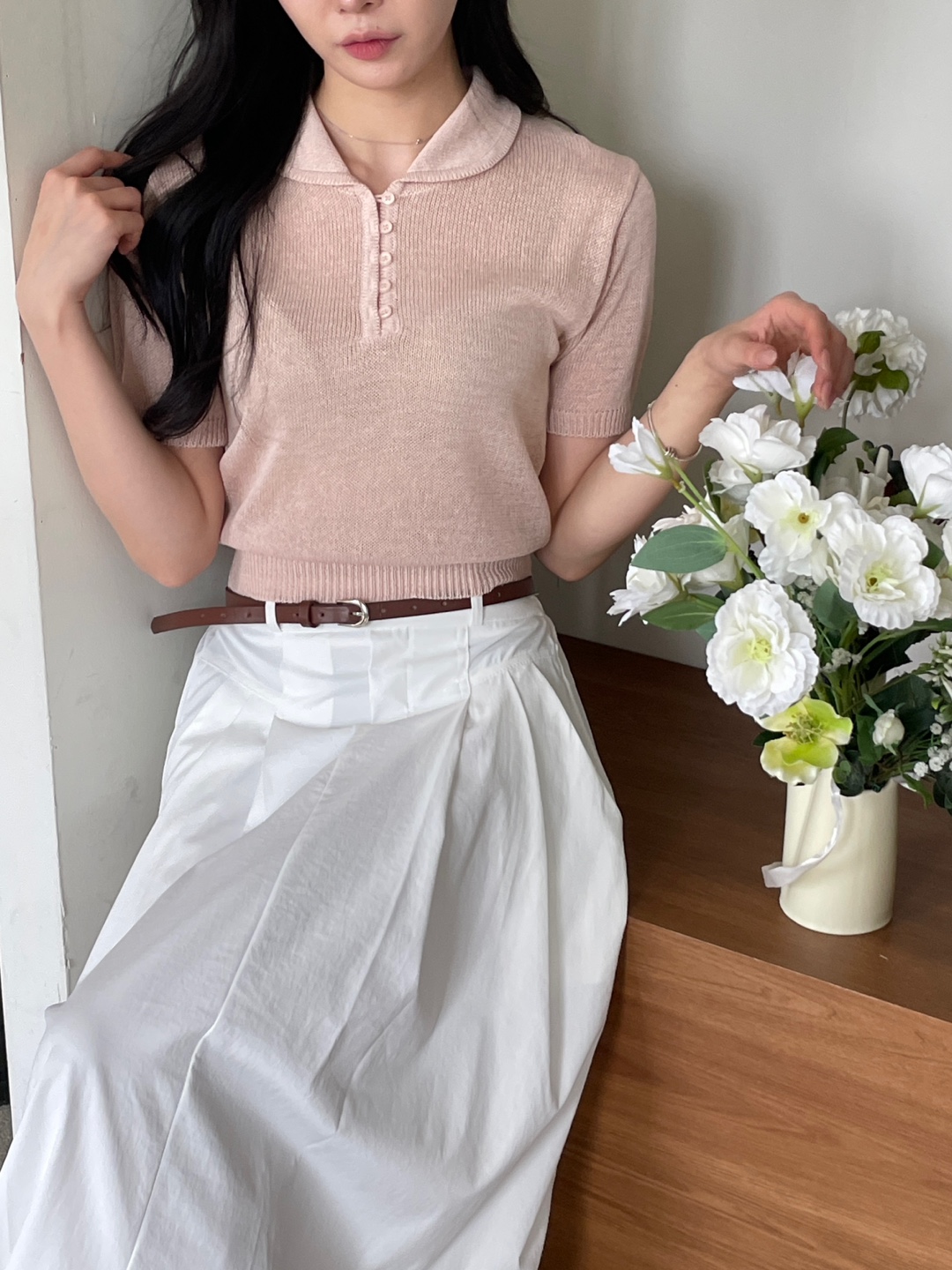 リネン混ボタンカラー半袖ニット | 詳細画像6