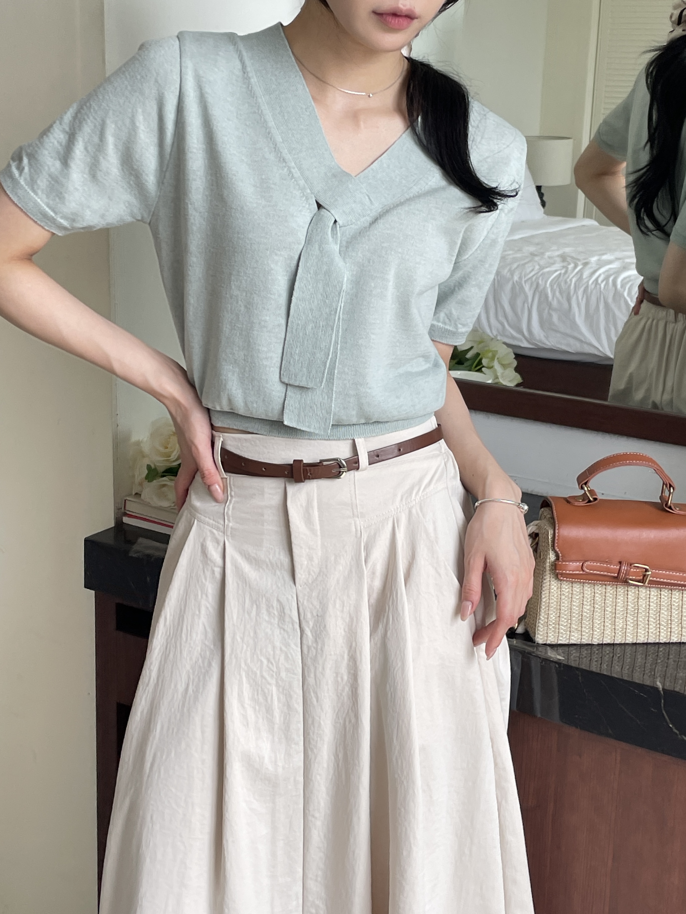 リネン混ボウタイVネック半袖ニット | 詳細画像12