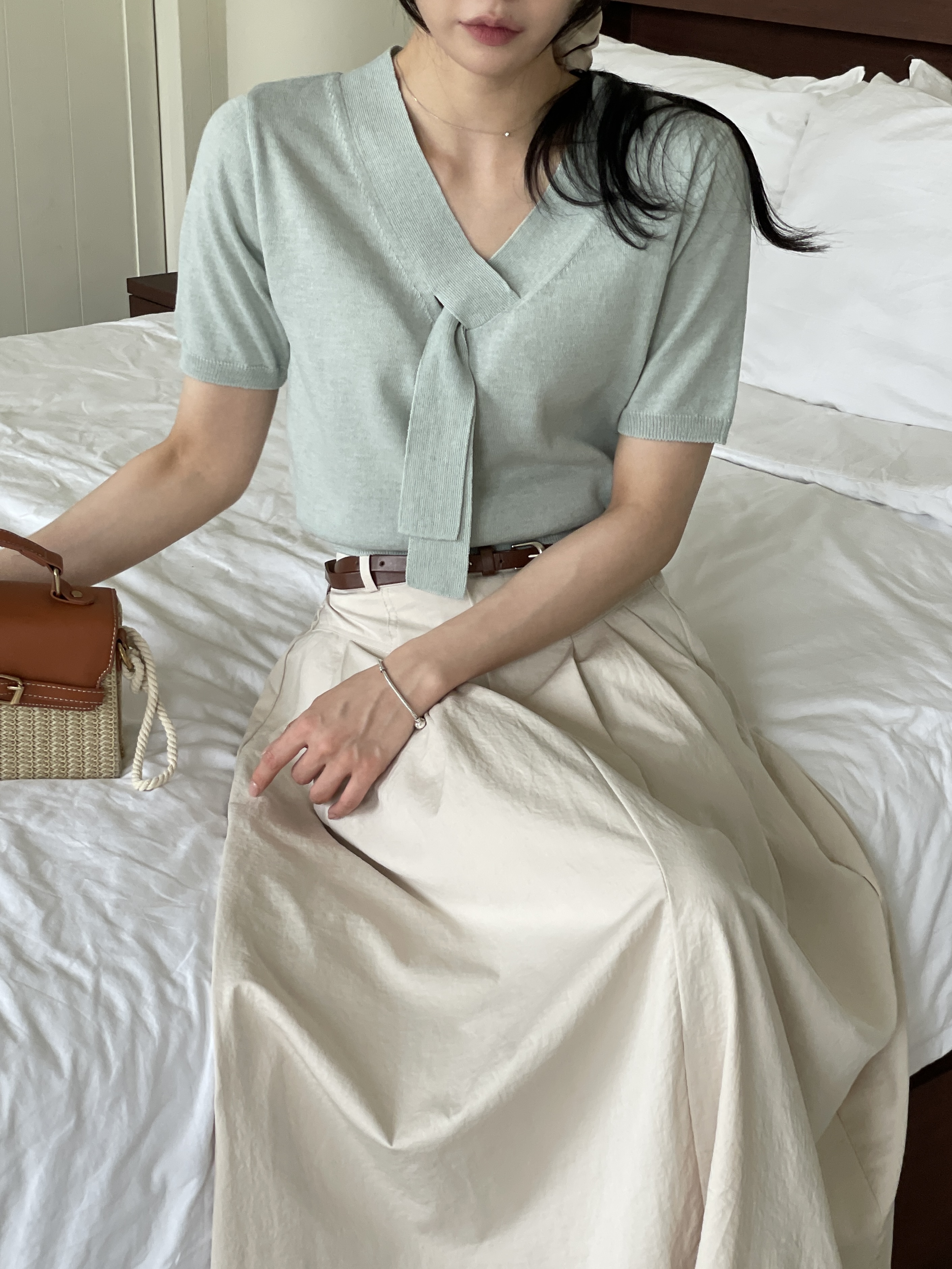 リネン混ボウタイVネック半袖ニット | 詳細画像13