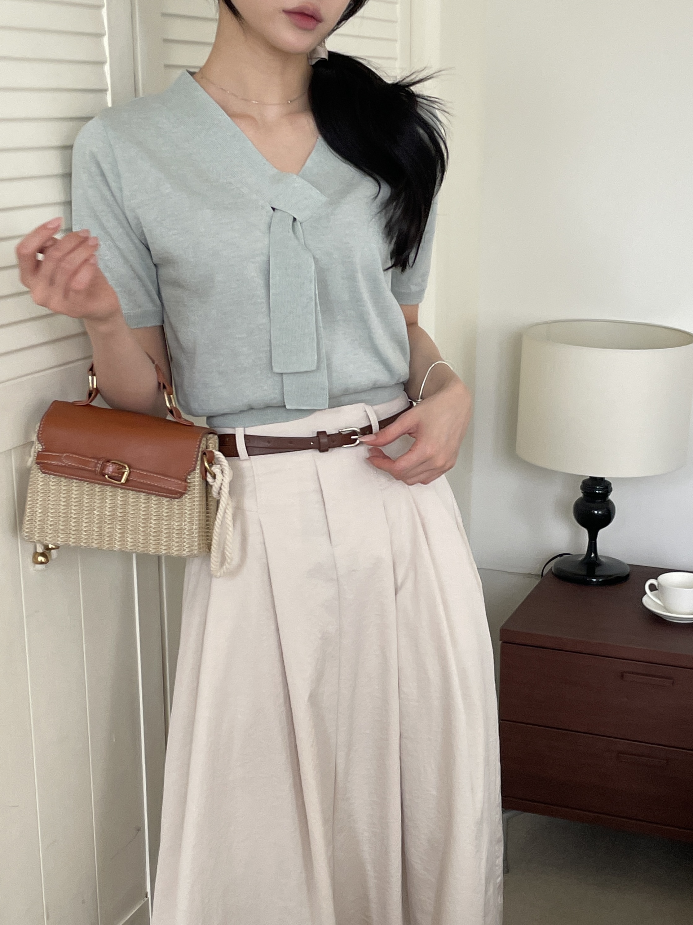 リネン混ボウタイVネック半袖ニット | 詳細画像14