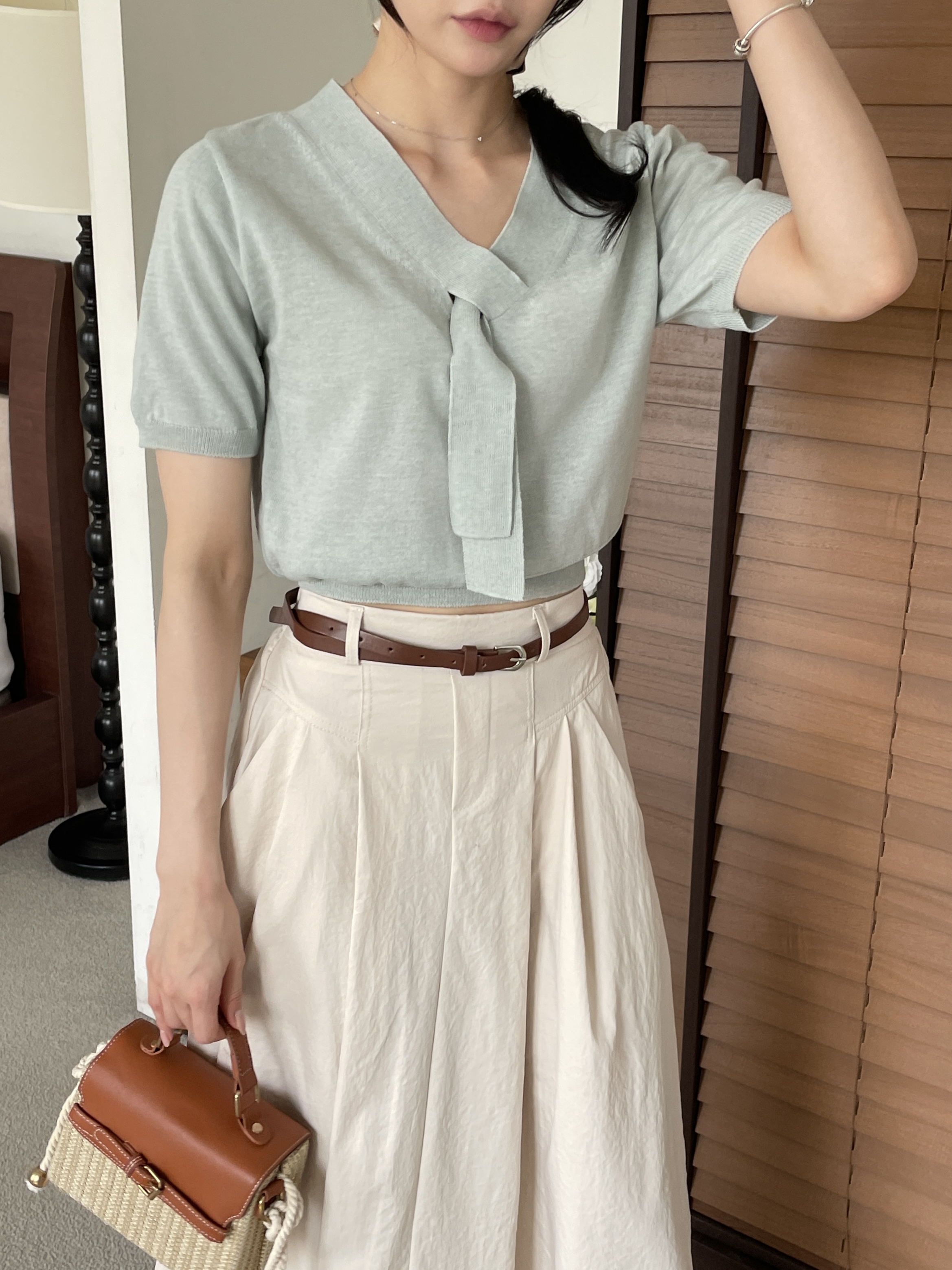 リネン混ボウタイVネック半袖ニット | 詳細画像11