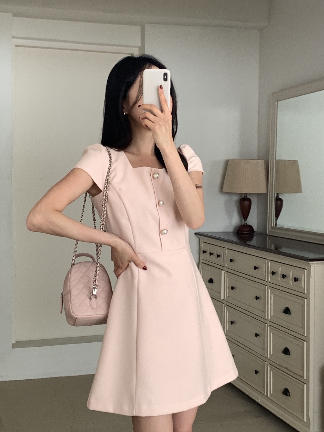 ラインパフスリーブキャップスリーブ半袖Aラインフェイクボタンミニ無地ワンピース | 詳細画像3