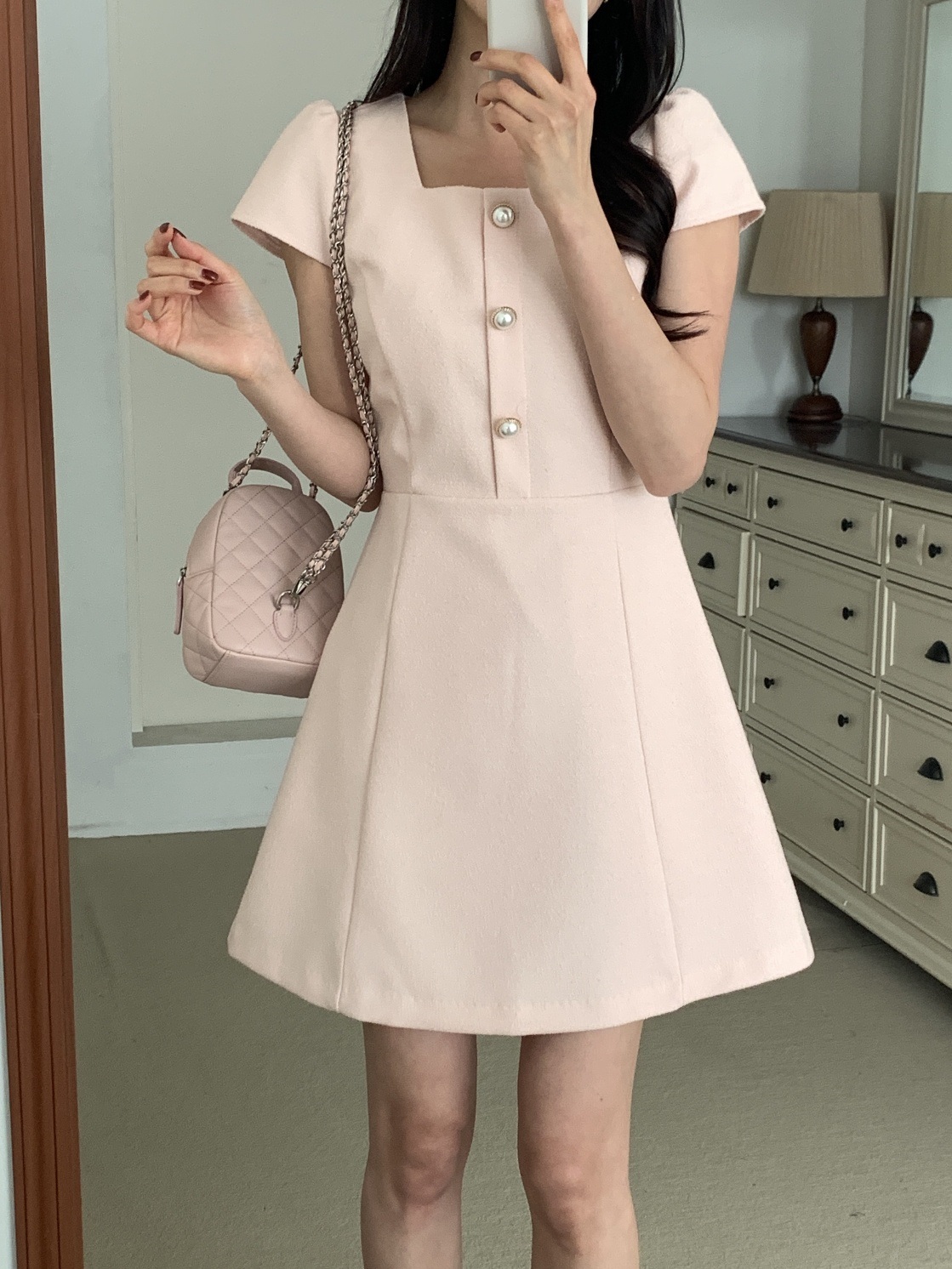 ラインパフスリーブキャップスリーブ半袖Aラインフェイクボタンミニ無地ワンピース | 詳細画像4