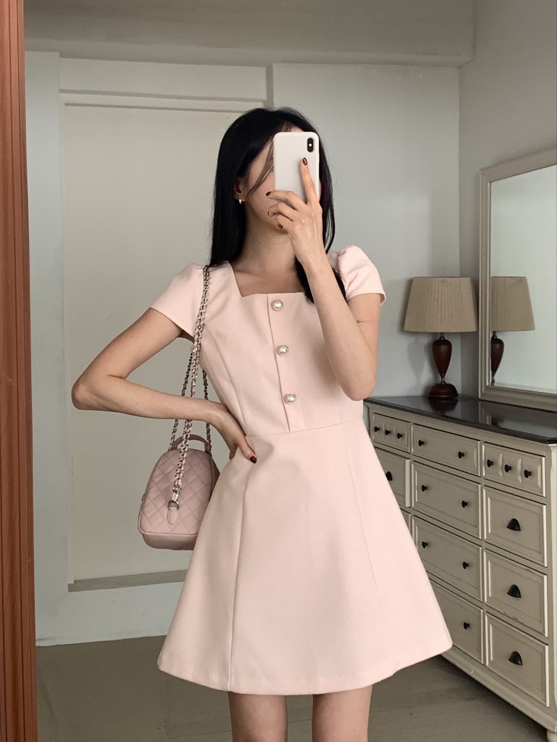 ラインパフスリーブキャップスリーブ半袖Aラインフェイクボタンミニ無地ワンピース | 詳細画像5