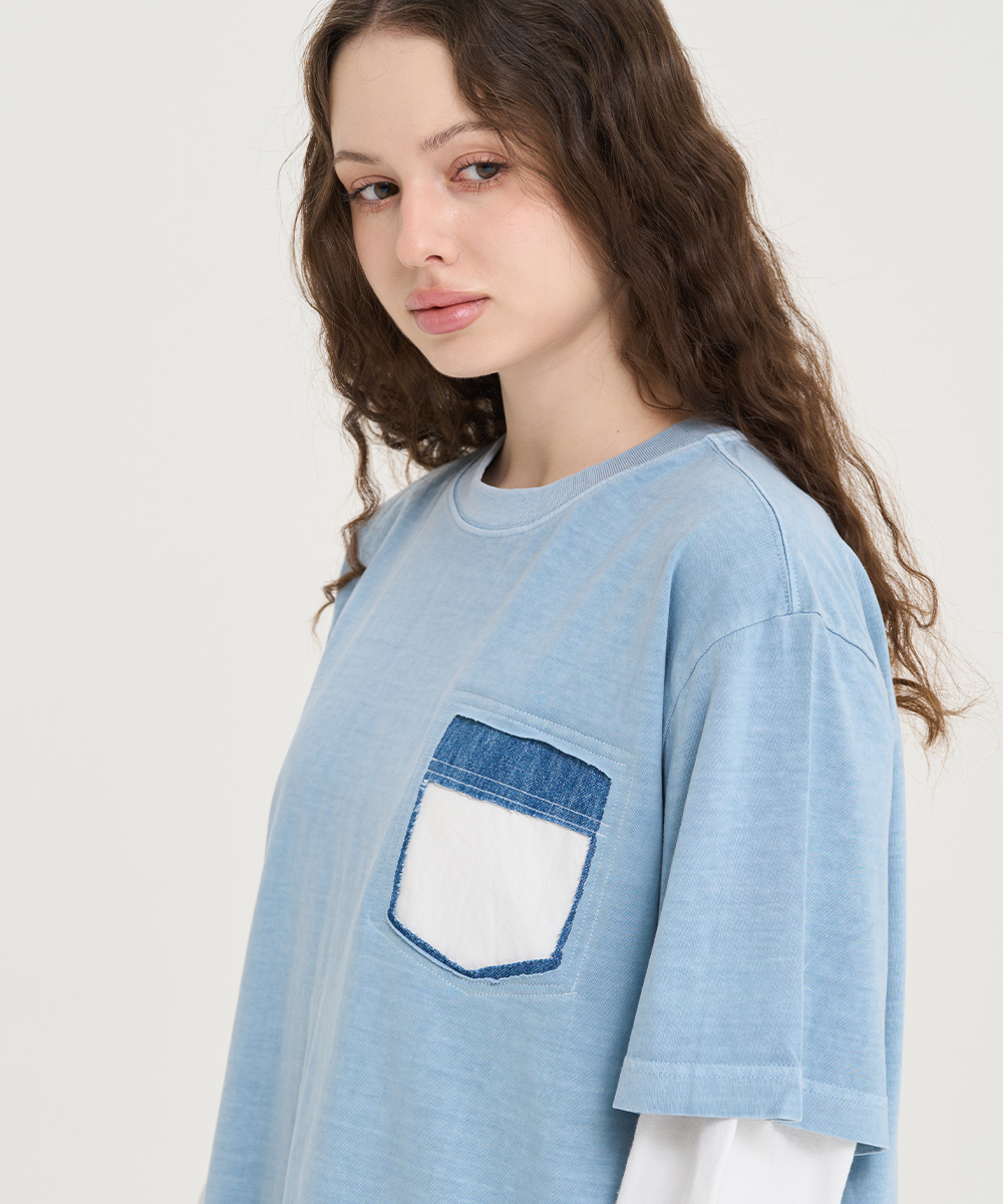 【値下げ】Salsation Blue Denim Vネック半袖Tシャツ S コットンラウンドネックベーシック半袖ロゴTシャツ | レディース