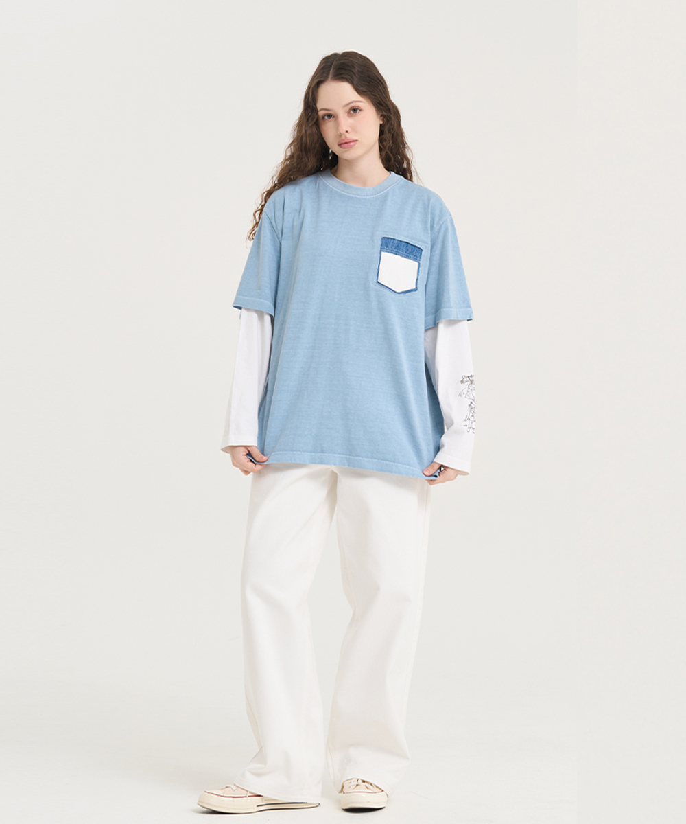 新品タグ付未試着　shirocon 水色 半袖シャツ コットンラウンドネックベーシック半袖ロゴTシャツ | レディース