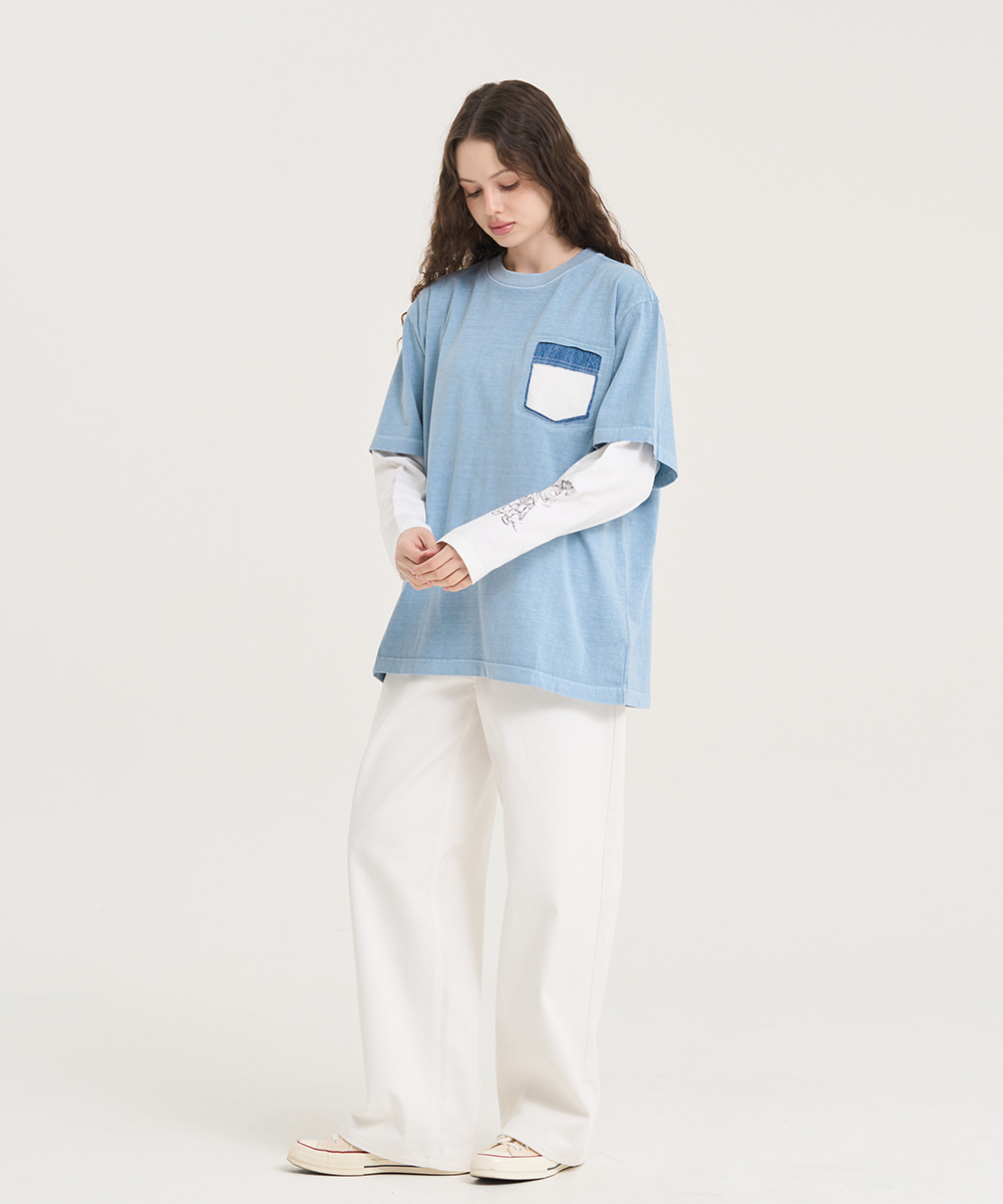 【値下げ】Salsation Blue Denim Vネック半袖Tシャツ S コットンラウンドネックベーシック半袖ロゴTシャツ | レディース