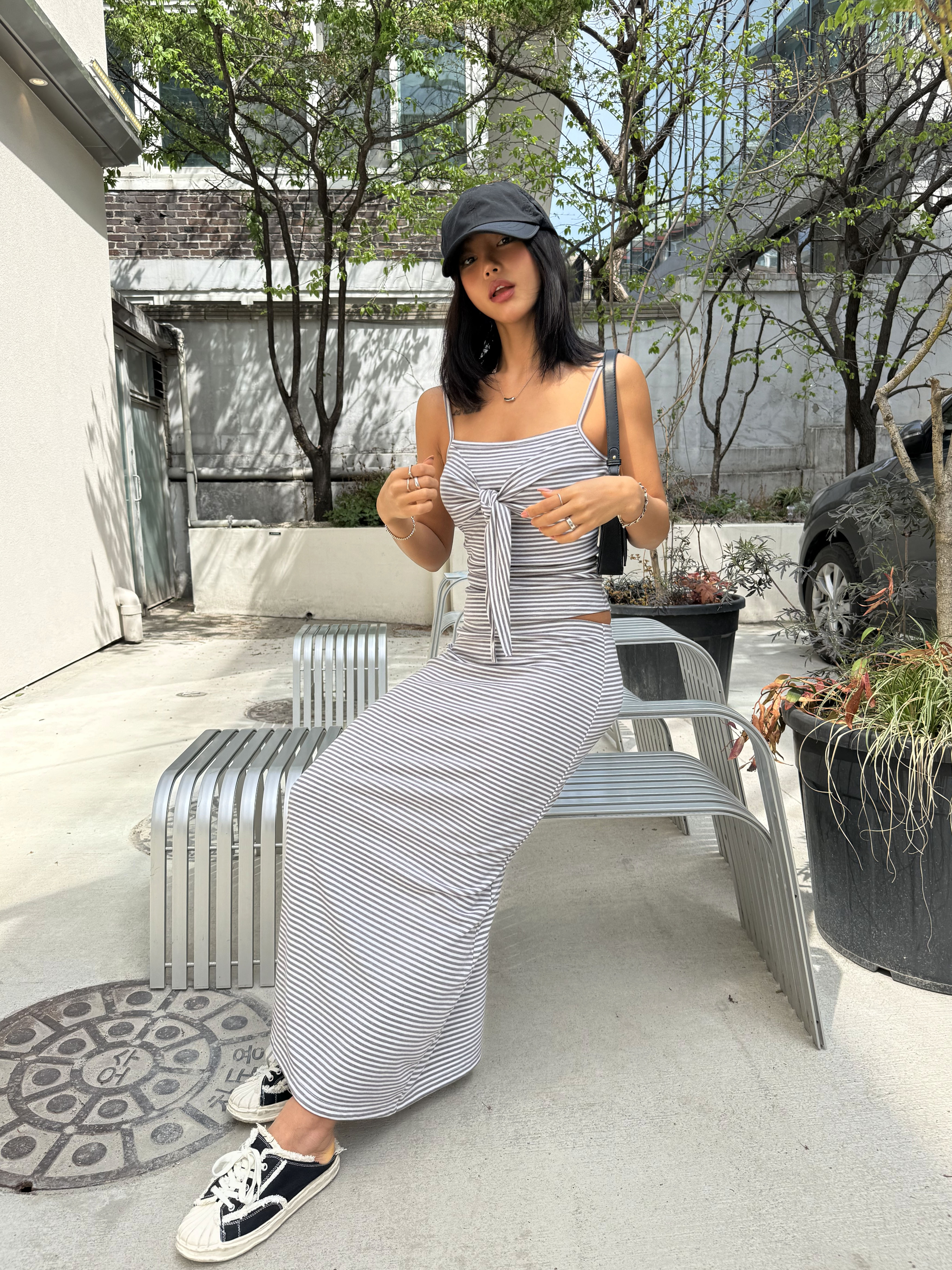 スリットスリムロングAラインボーダースカート | 詳細画像8