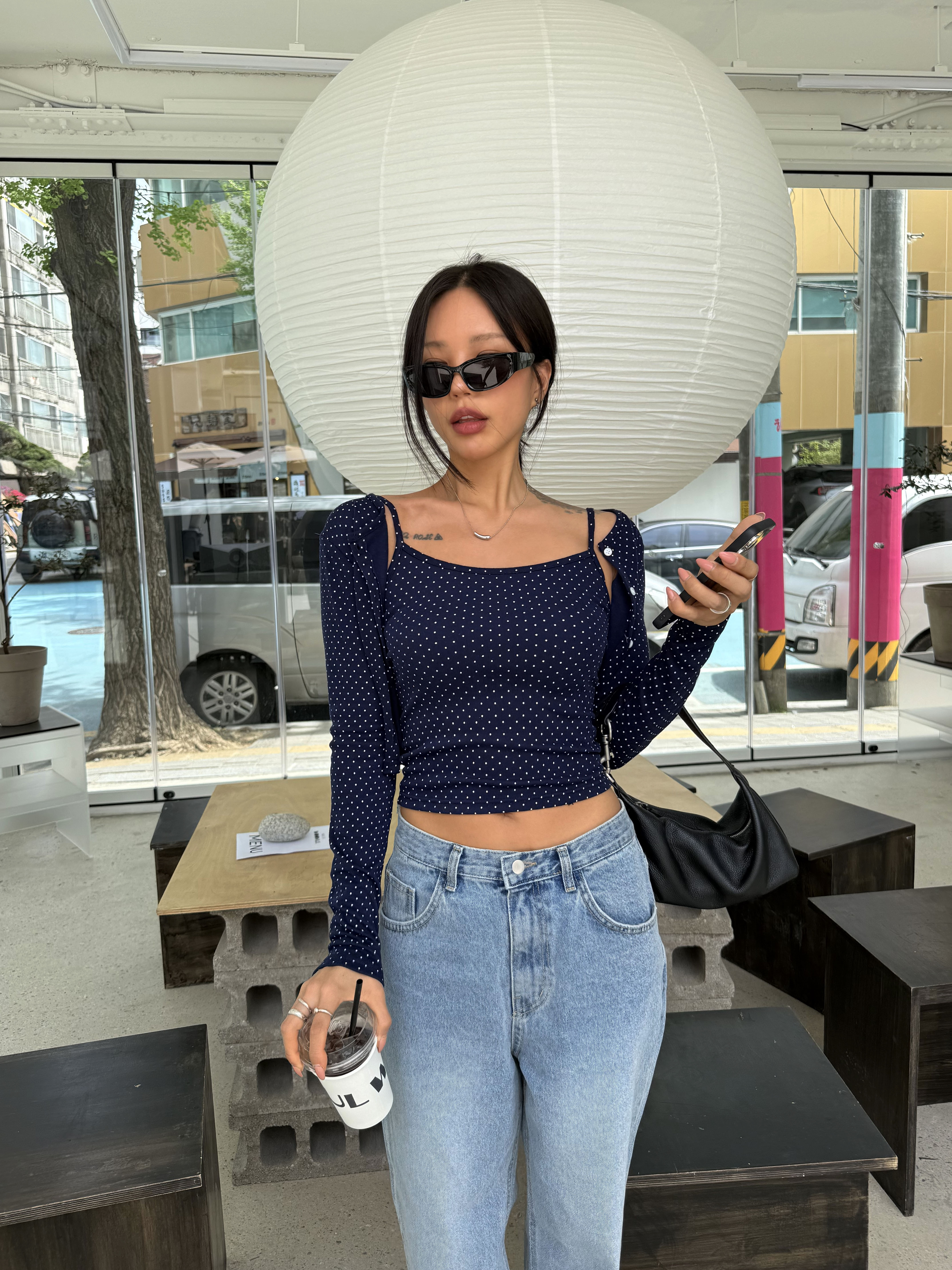 ボタンラウンドネッククロップドスリム長袖ドットカーディガンキャミソールアンサンブル | 詳細画像4