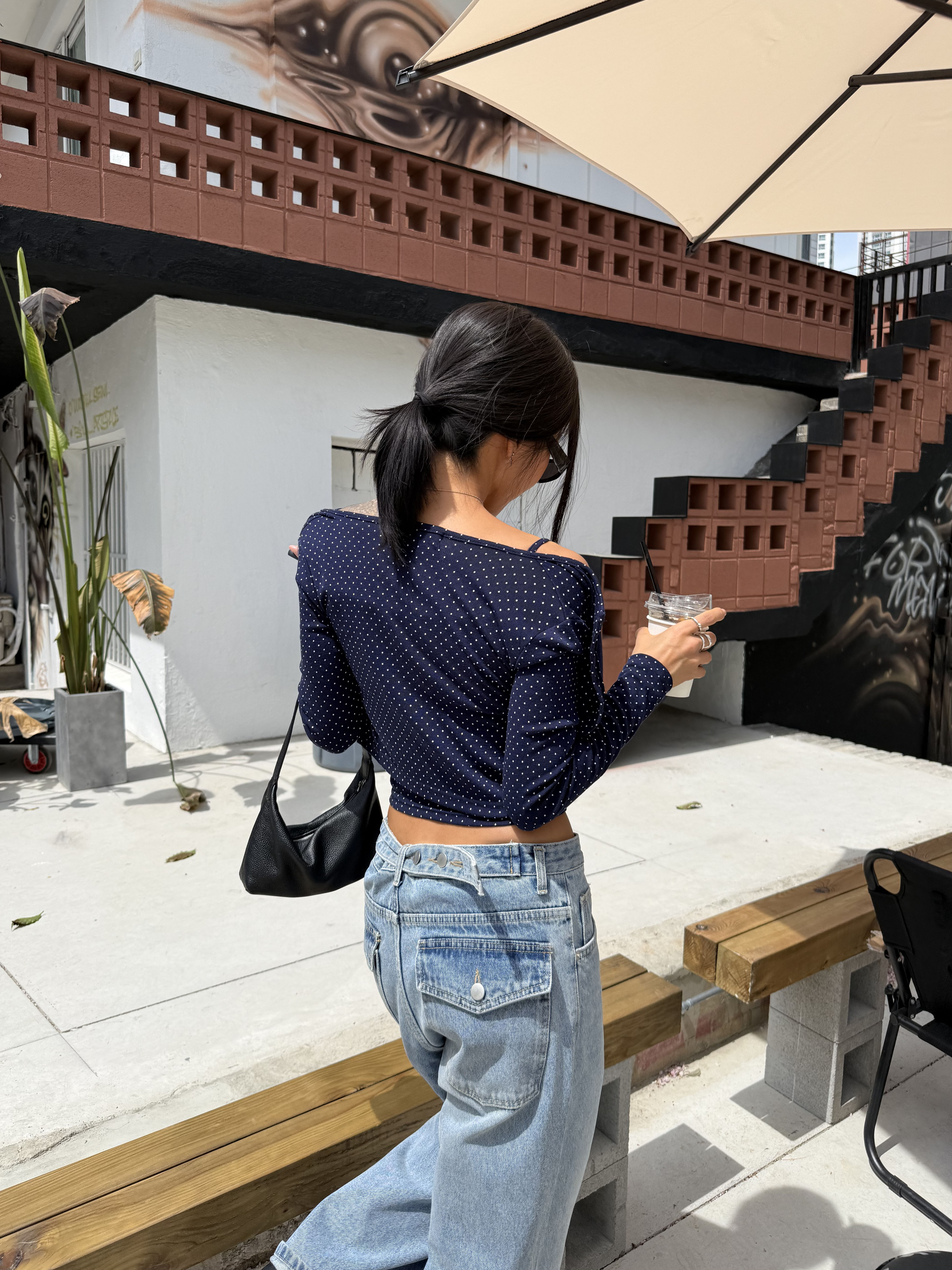 ボタンラウンドネッククロップドスリム長袖ドットカーディガンキャミソールアンサンブル | 詳細画像5