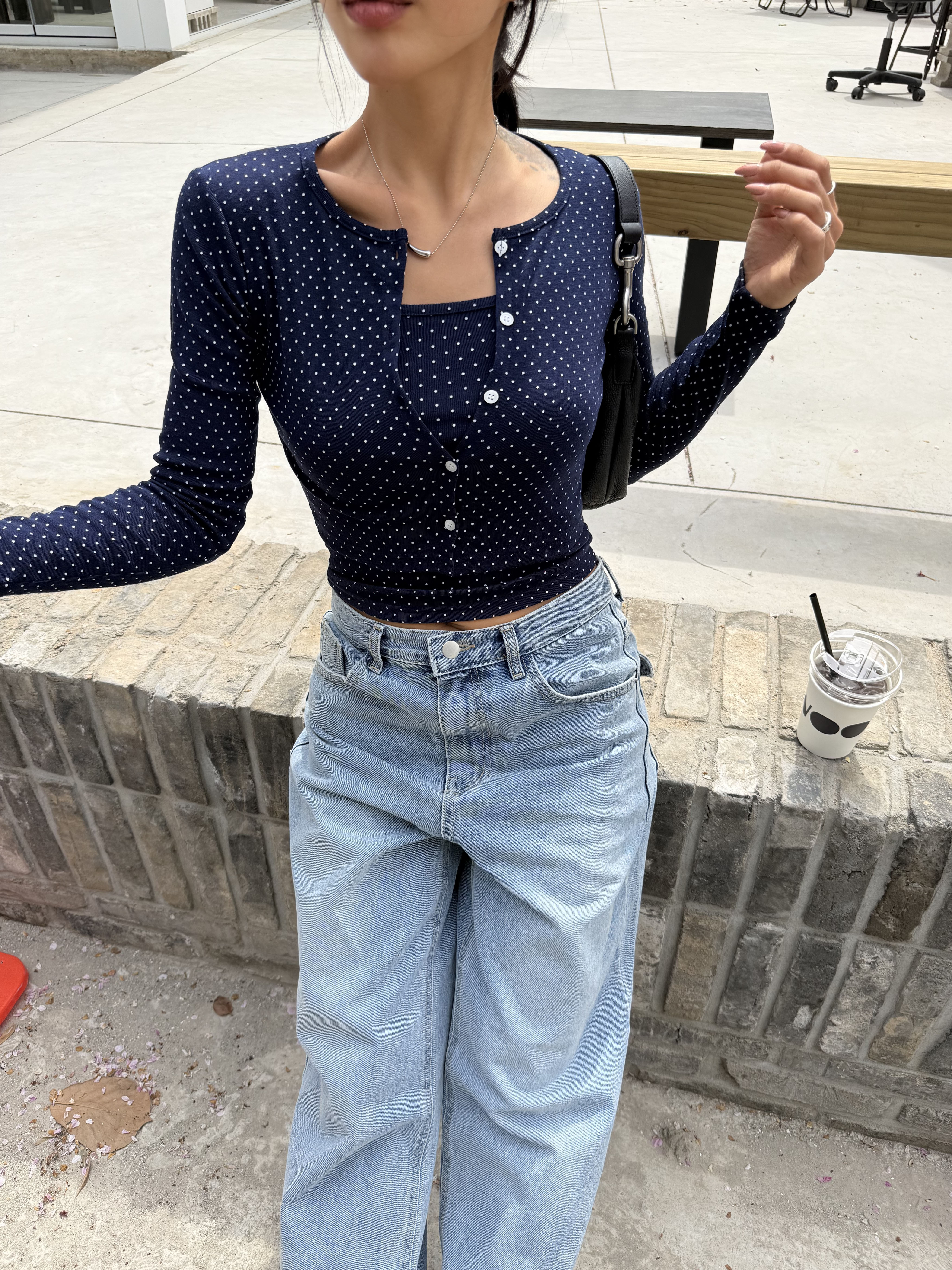 ボタンラウンドネッククロップドスリム長袖ドットカーディガンキャミソールアンサンブル | 詳細画像6