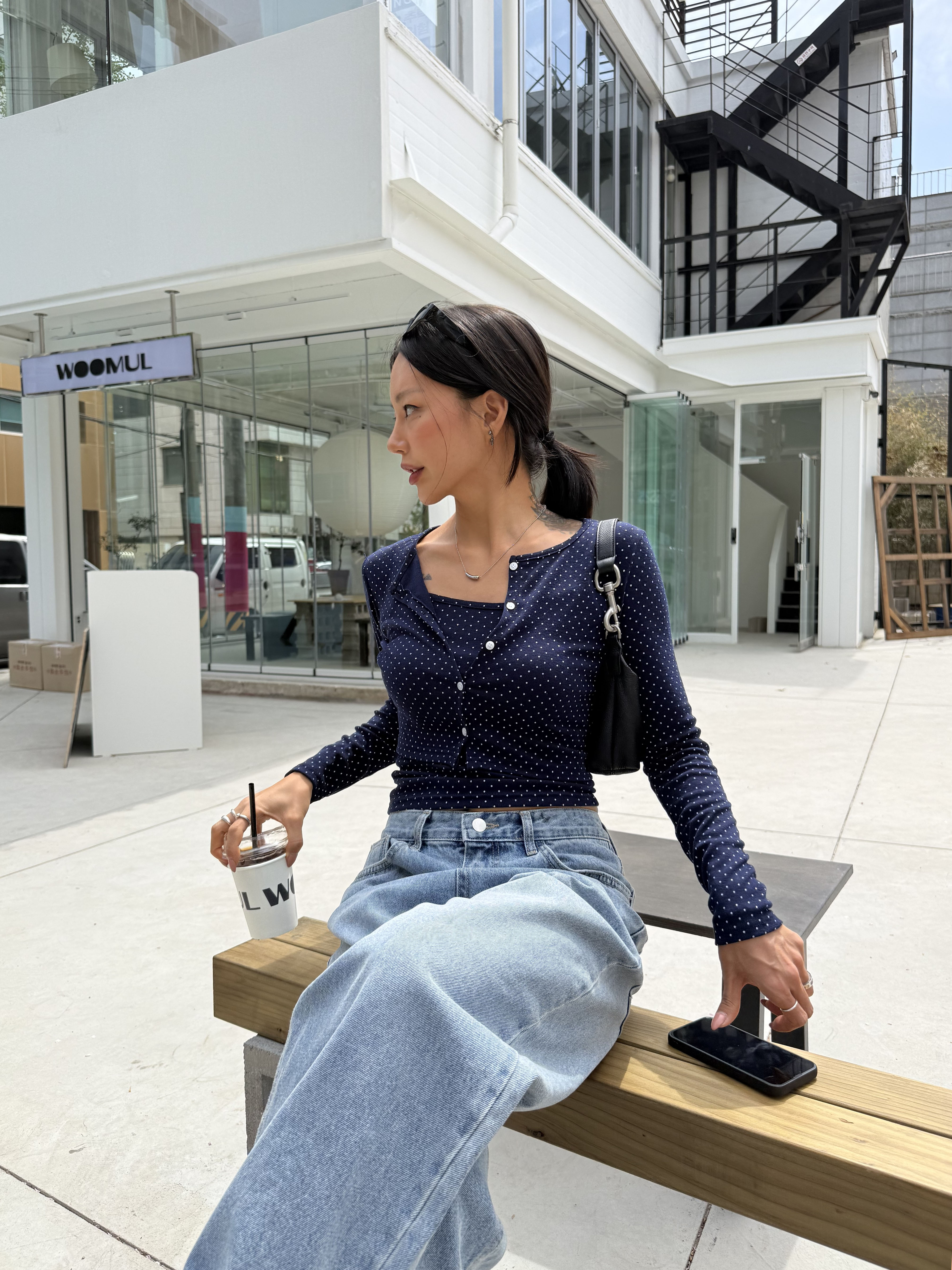 ボタンラウンドネッククロップドスリム長袖ドットカーディガンキャミソールアンサンブル | 詳細画像10