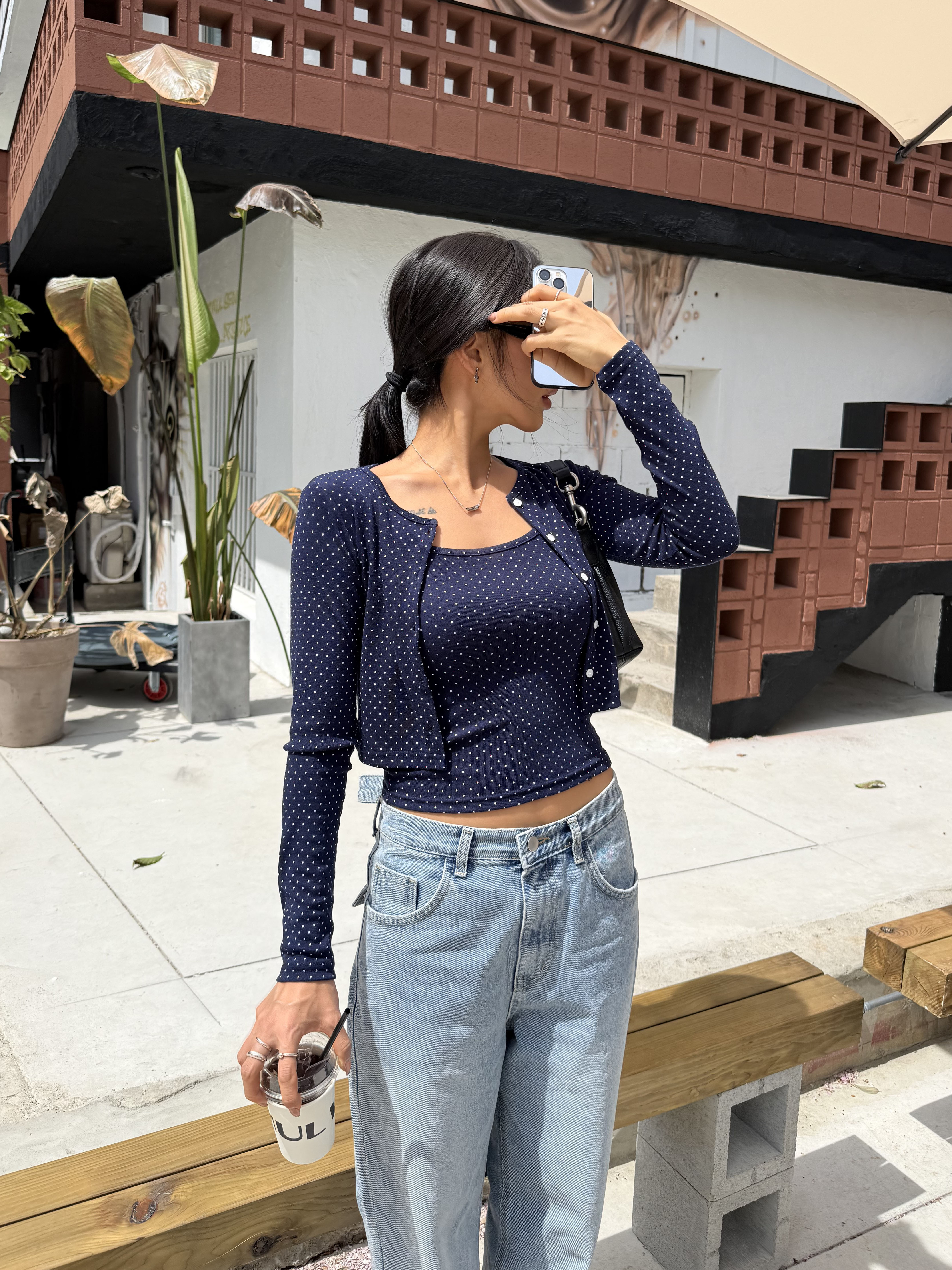 ボタンラウンドネッククロップドスリム長袖ドットカーディガンキャミソールアンサンブル | 詳細画像13