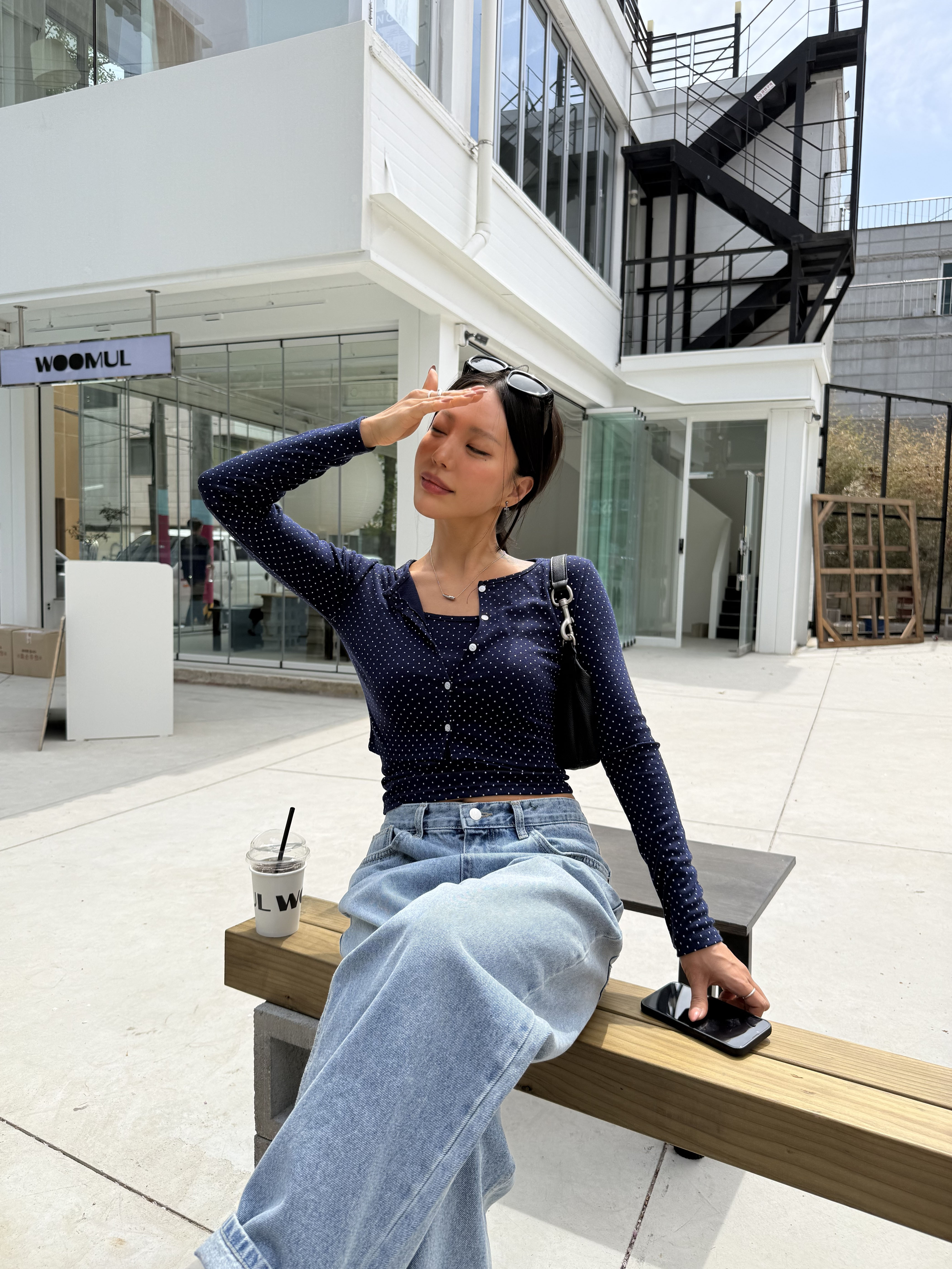 ボタンラウンドネッククロップドスリム長袖ドットカーディガンキャミソールアンサンブル | 詳細画像15