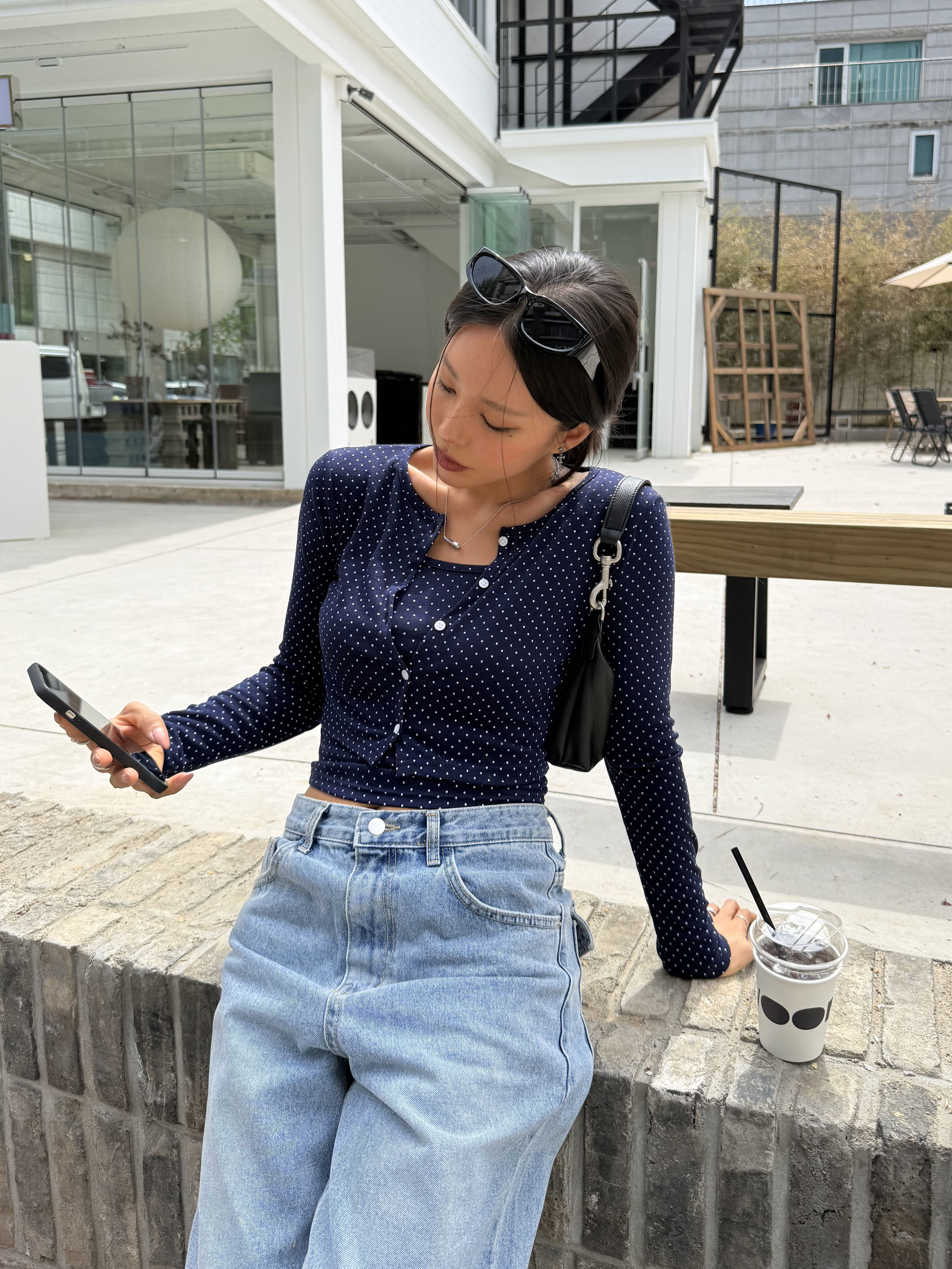 ボタンラウンドネッククロップドスリム長袖ドットカーディガンキャミソールアンサンブル | 詳細画像16