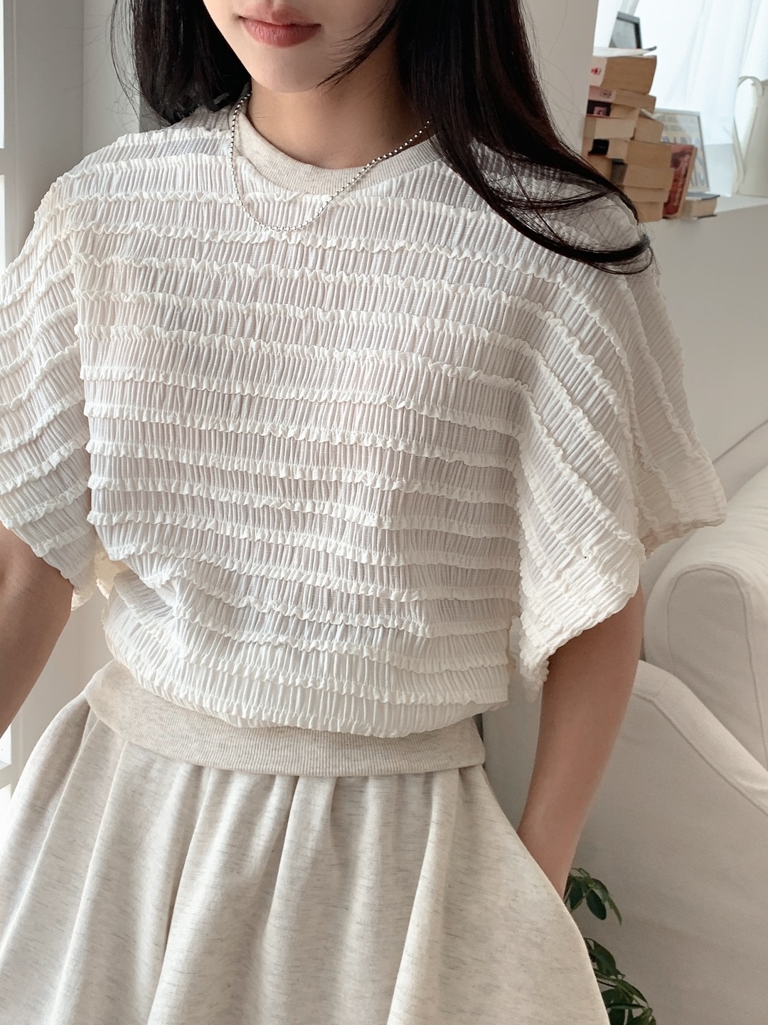 ラウンドネックリンクルウエストゴムラグランショート半袖フレアAラインミニ無地ツーピース(トップス、ボトムス)Tシャツショートパンツ | 詳細画像4