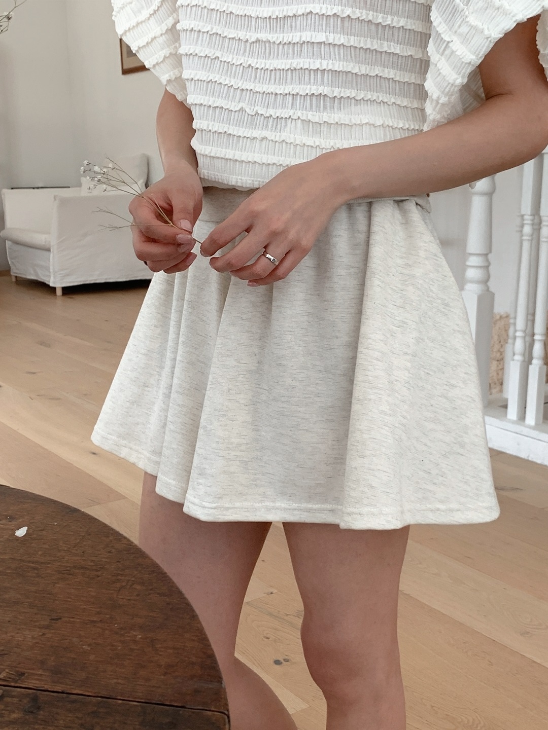 ラウンドネックリンクルウエストゴムラグランショート半袖フレアAラインミニ無地ツーピース(トップス、ボトムス)Tシャツショートパンツ | 詳細画像6