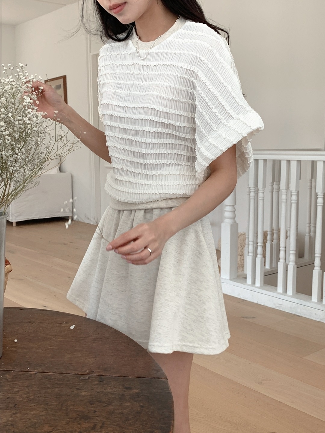 ラウンドネックリンクルウエストゴムラグランショート半袖フレアAラインミニ無地ツーピース(トップス、ボトムス)Tシャツショートパンツ | 詳細画像7