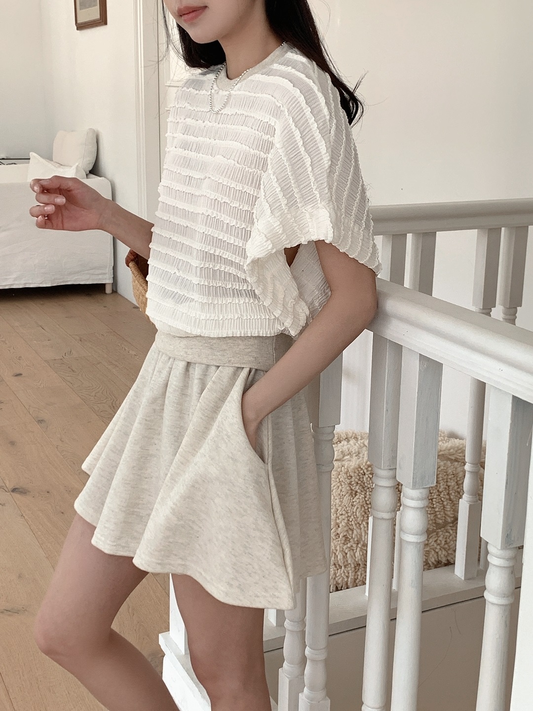 ラウンドネックリンクルウエストゴムラグランショート半袖フレアAラインミニ無地ツーピース(トップス、ボトムス)Tシャツショートパンツ | 詳細画像9