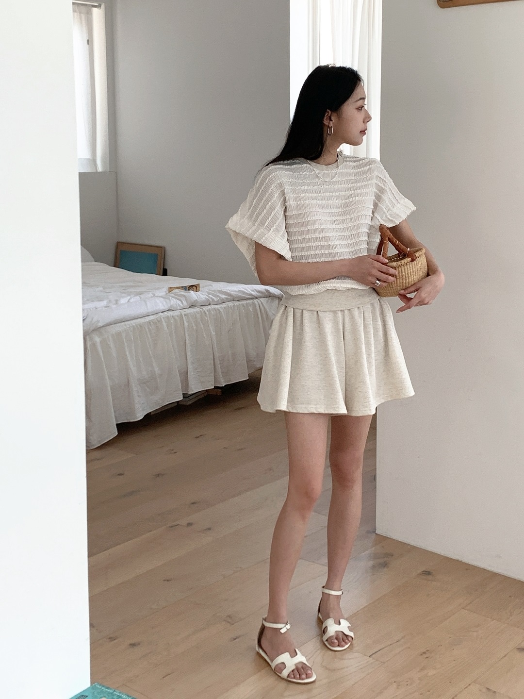 ラウンドネックリンクルウエストゴムラグランショート半袖フレアAラインミニ無地ツーピース(トップス、ボトムス)Tシャツショートパンツ | 詳細画像10