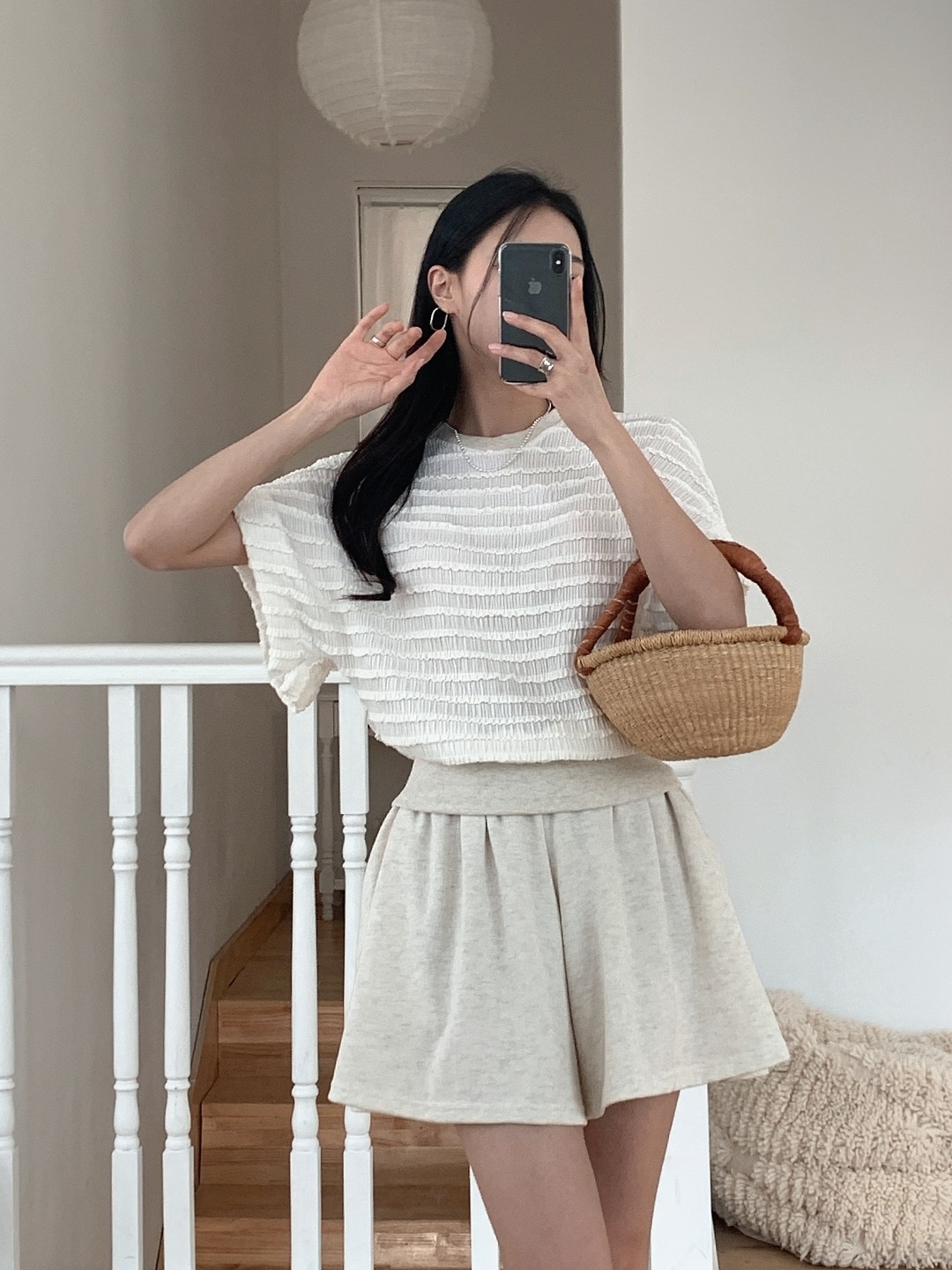 ラウンドネックリンクルウエストゴムラグランショート半袖フレアAラインミニ無地ツーピース(トップス、ボトムス)Tシャツショートパンツ | 詳細画像12