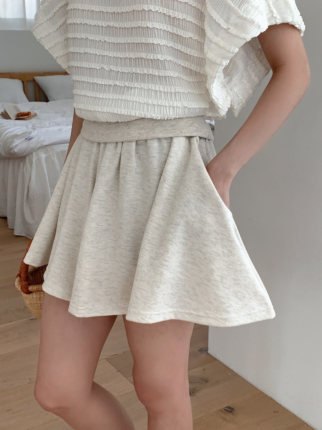 ラウンドネックリンクルウエストゴムラグランショート半袖フレアAラインミニ無地ツーピース(トップス、ボトムス)Tシャツショートパンツ | 詳細画像13