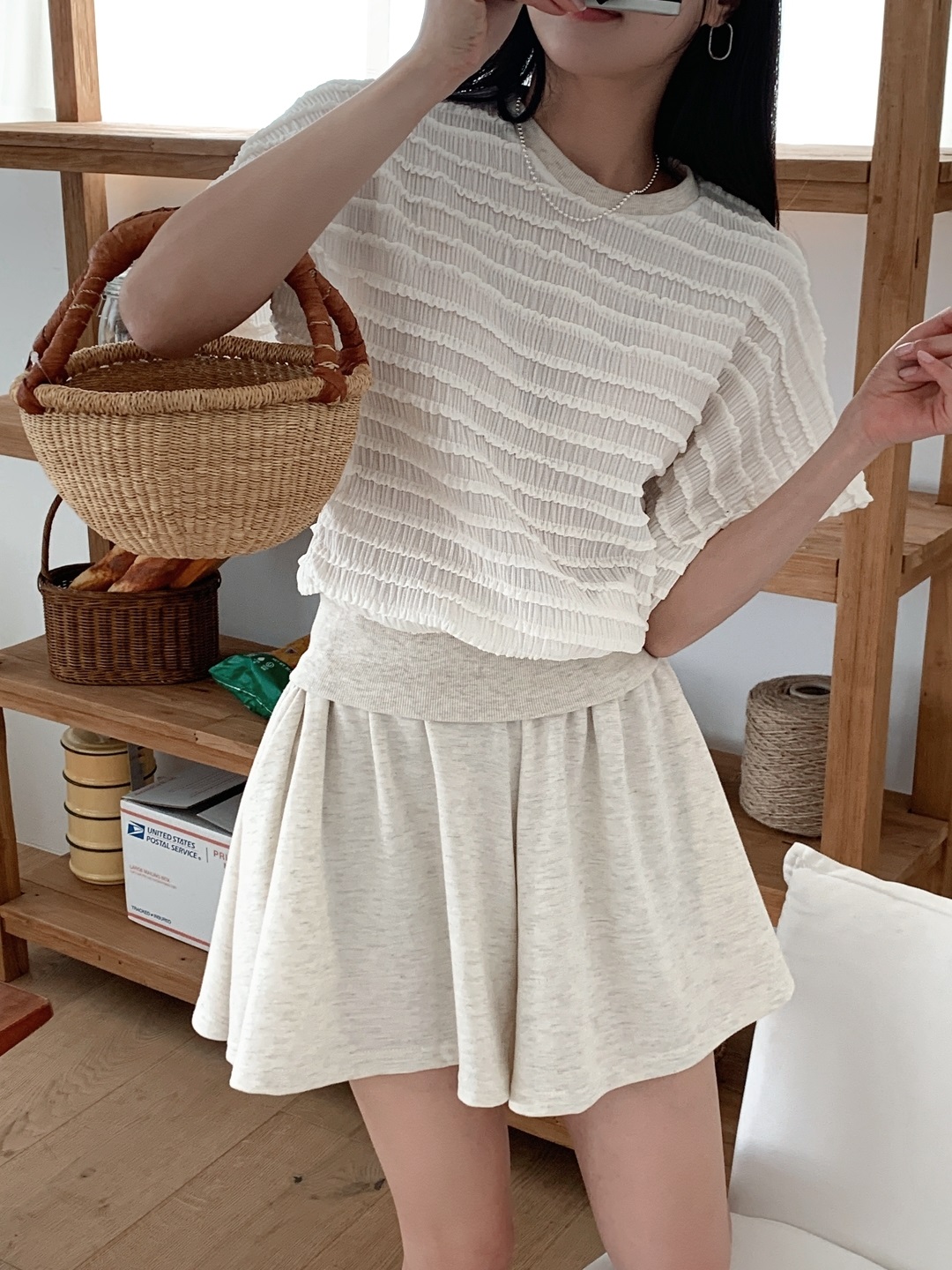 ラウンドネックリンクルウエストゴムラグランショート半袖フレアAラインミニ無地ツーピース(トップス、ボトムス)Tシャツショートパンツ | 詳細画像14