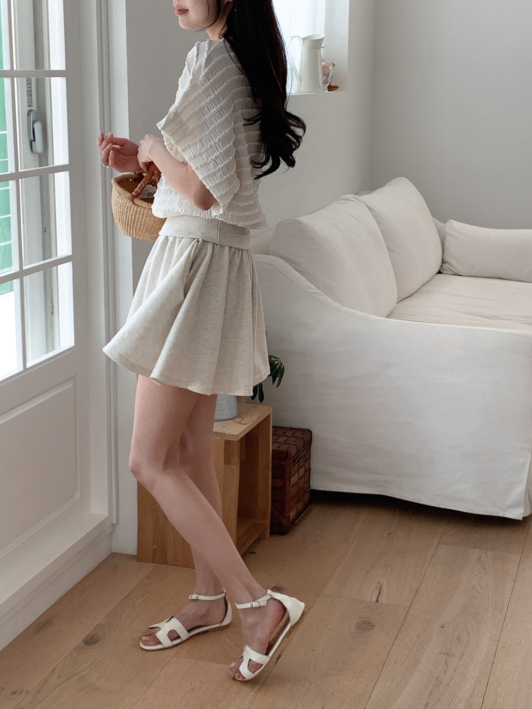 ラウンドネックリンクルウエストゴムラグランショート半袖フレアAラインミニ無地ツーピース(トップス、ボトムス)Tシャツショートパンツ | 詳細画像16