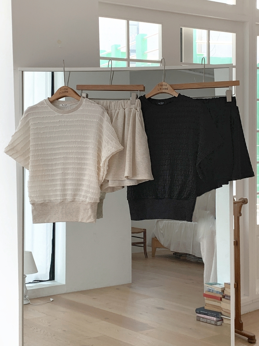 ラウンドネックリンクルウエストゴムラグランショート半袖フレアAラインミニ無地ツーピース(トップス、ボトムス)Tシャツショートパンツ | 詳細画像17