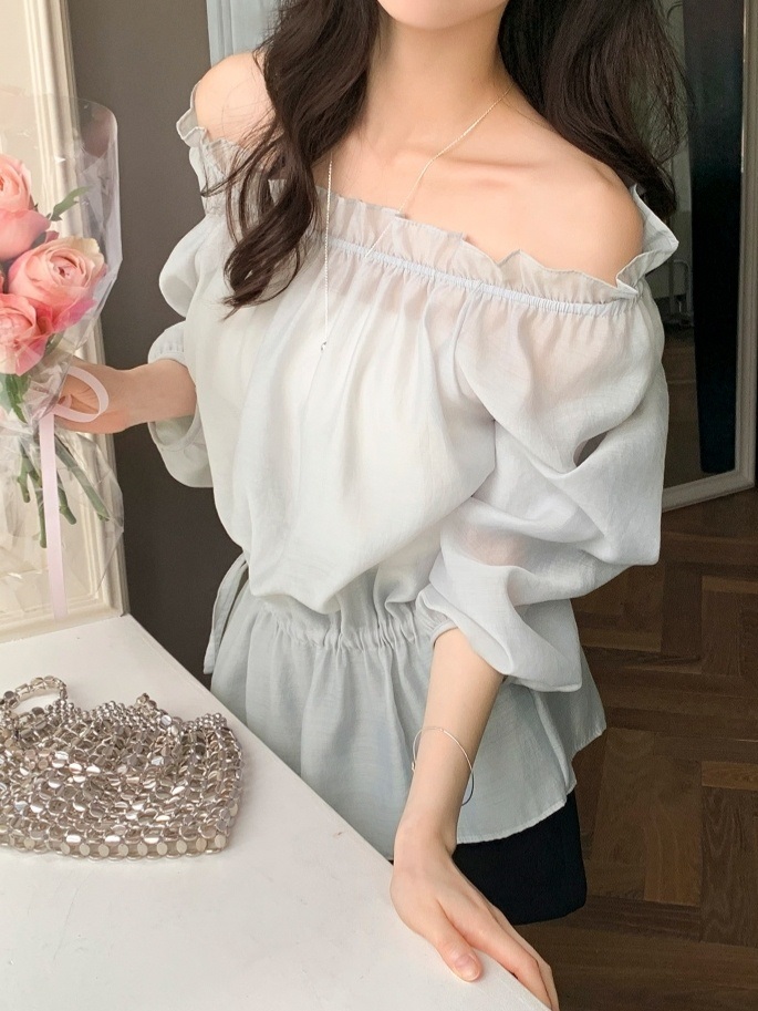 オフショルダーシャーリングドローストリングパフスリーブルーズ長袖無地ブラウス | 詳細画像17