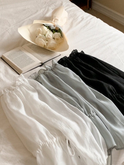 オフショルダーシャーリングドローストリングパフスリーブルーズ長袖無地ブラウス | 詳細画像21