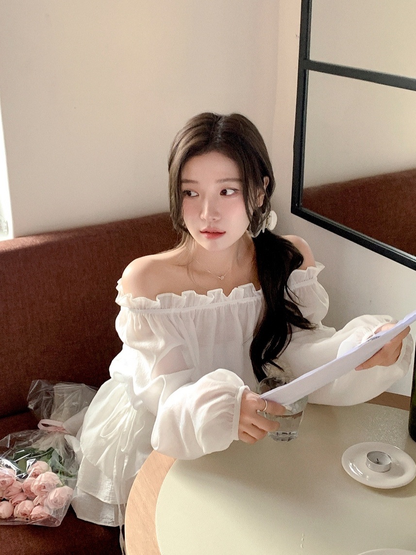 オフショルダーシャーリングドローストリングパフスリーブルーズ長袖無地ブラウス | 詳細画像3