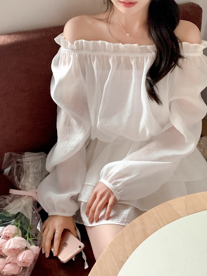 オフショルダーシャーリングドローストリングパフスリーブルーズ長袖無地ブラウス | 詳細画像5