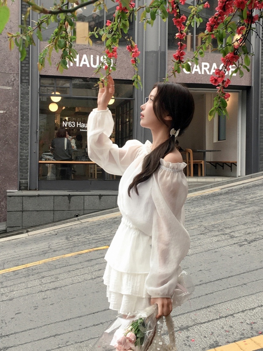 オフショルダーシャーリングドローストリングパフスリーブルーズ長袖無地ブラウス | 詳細画像6