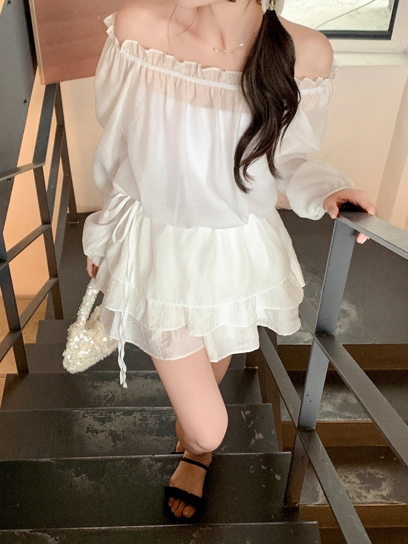 オフショルダーシャーリングドローストリングパフスリーブルーズ長袖無地ブラウス | 詳細画像7